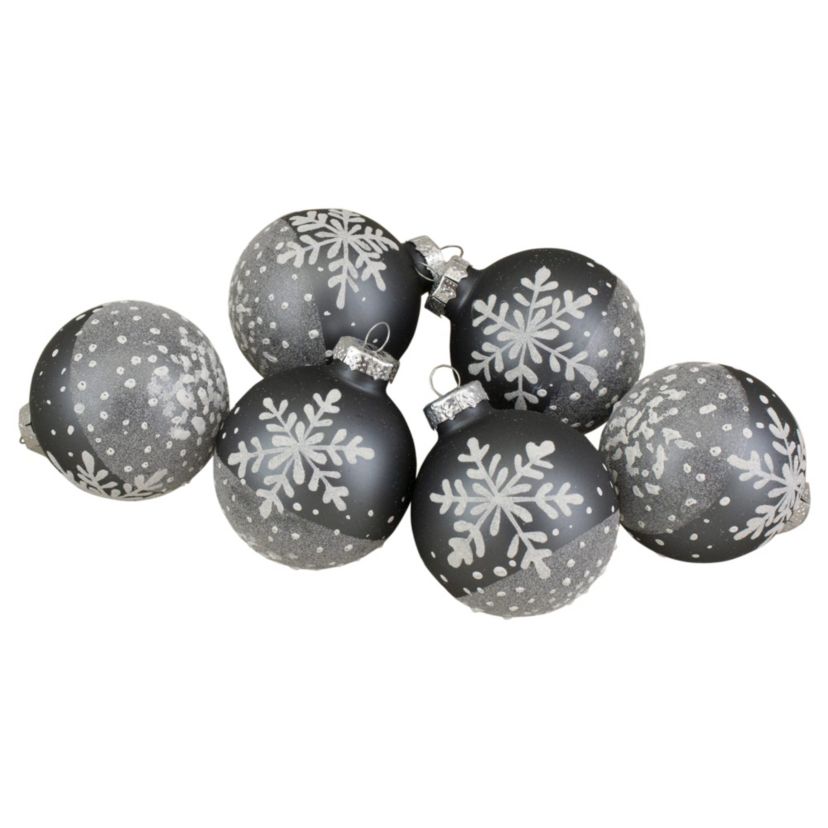 Set of 6 Gray and White Snowflake Glass Christmas Ball Ornaments 4inch (101mm)