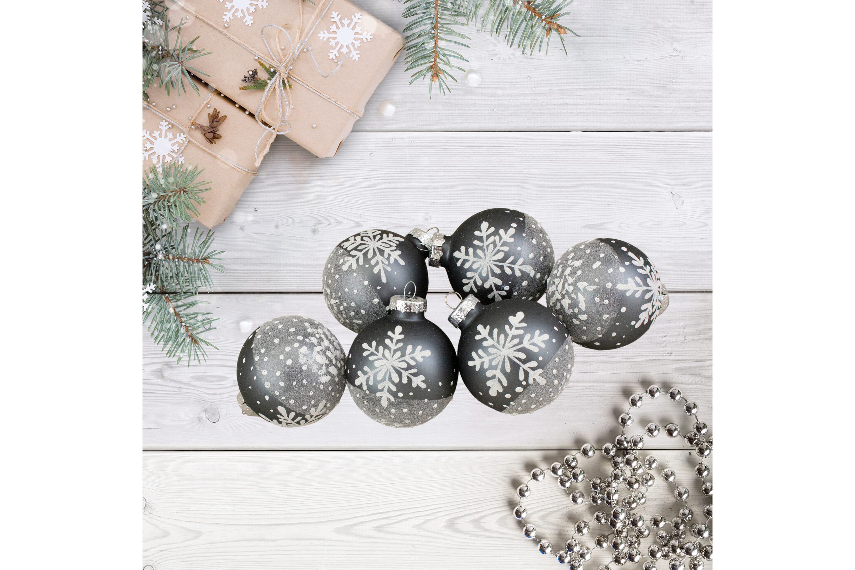 Set of 6 Gray and White Snowflake Glass Christmas Ball Ornaments 4inch (101mm)