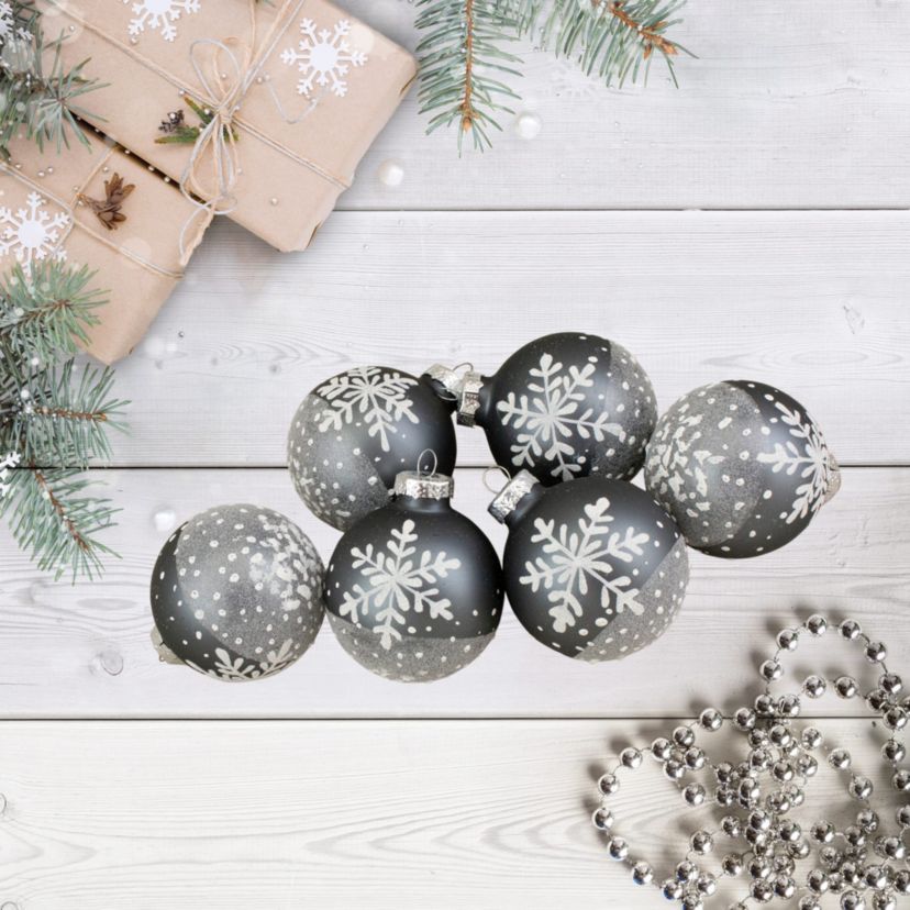 Set of 6 Gray and White Snowflake Glass Christmas Ball Ornaments 4inch (101mm)