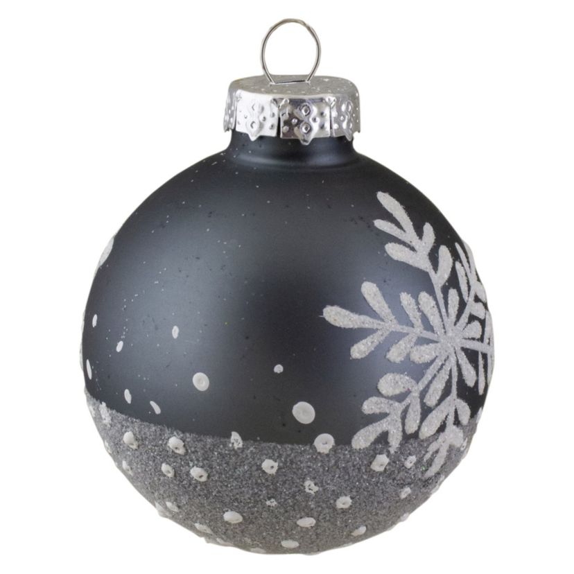 Set of 6 Gray and White Snowflake Glass Christmas Ball Ornaments 4inch (101mm)
