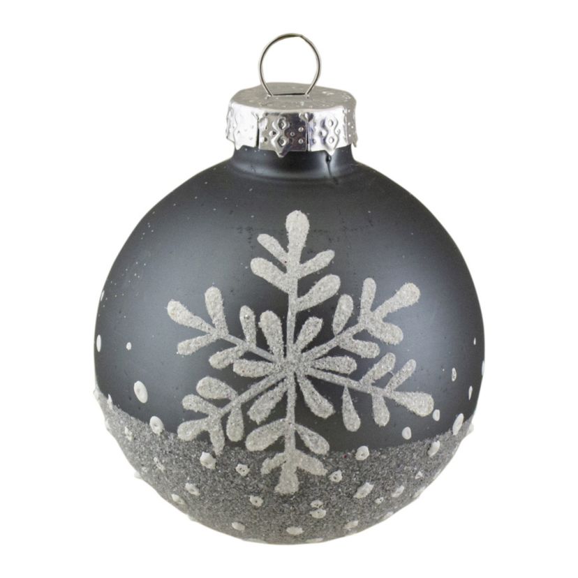 Set of 6 Gray and White Snowflake Glass Christmas Ball Ornaments 4inch (101mm)