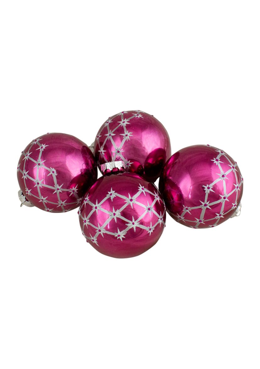 Set of 4 Pink Glass Ball Christmas Ornaments 3.25-Inch (80mm)