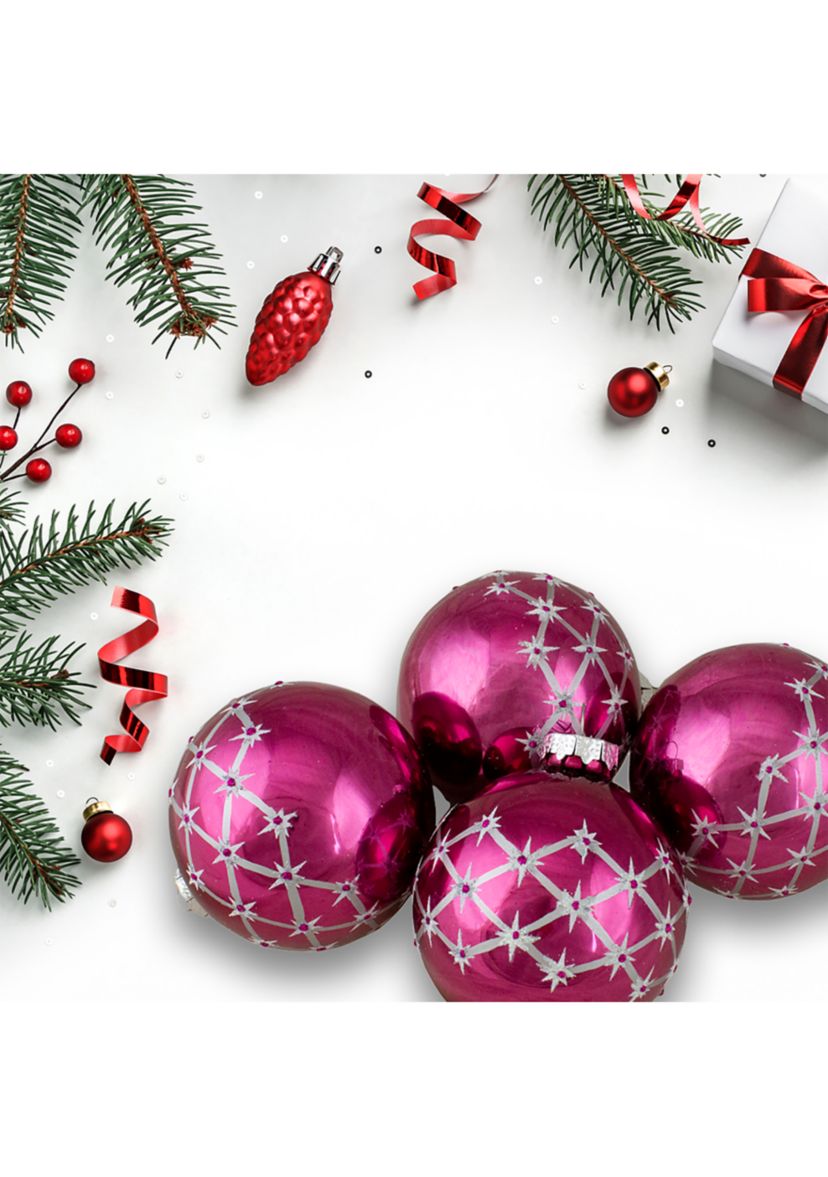 Set of 4 Pink Glass Ball Christmas Ornaments 3.25-Inch (80mm)