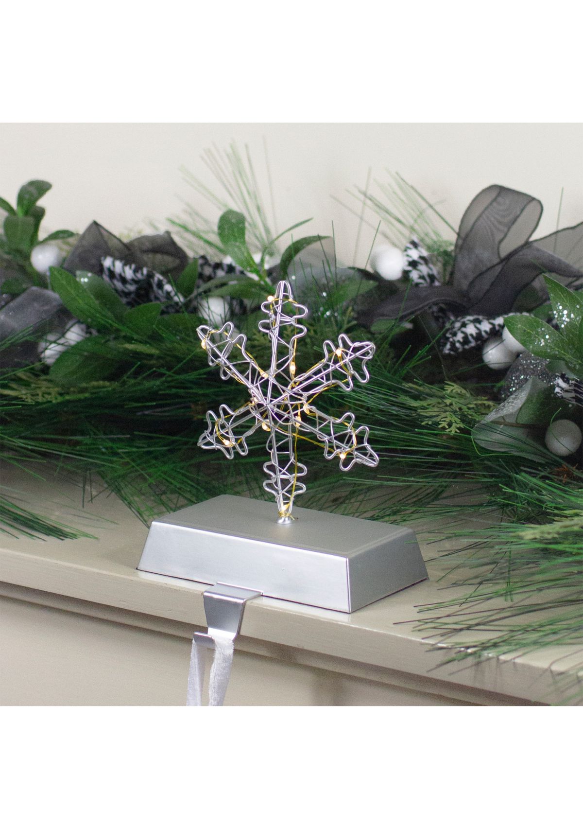 7.5Inch LED Lighted Silver Wired Snowflake Christmas Stocking Holder