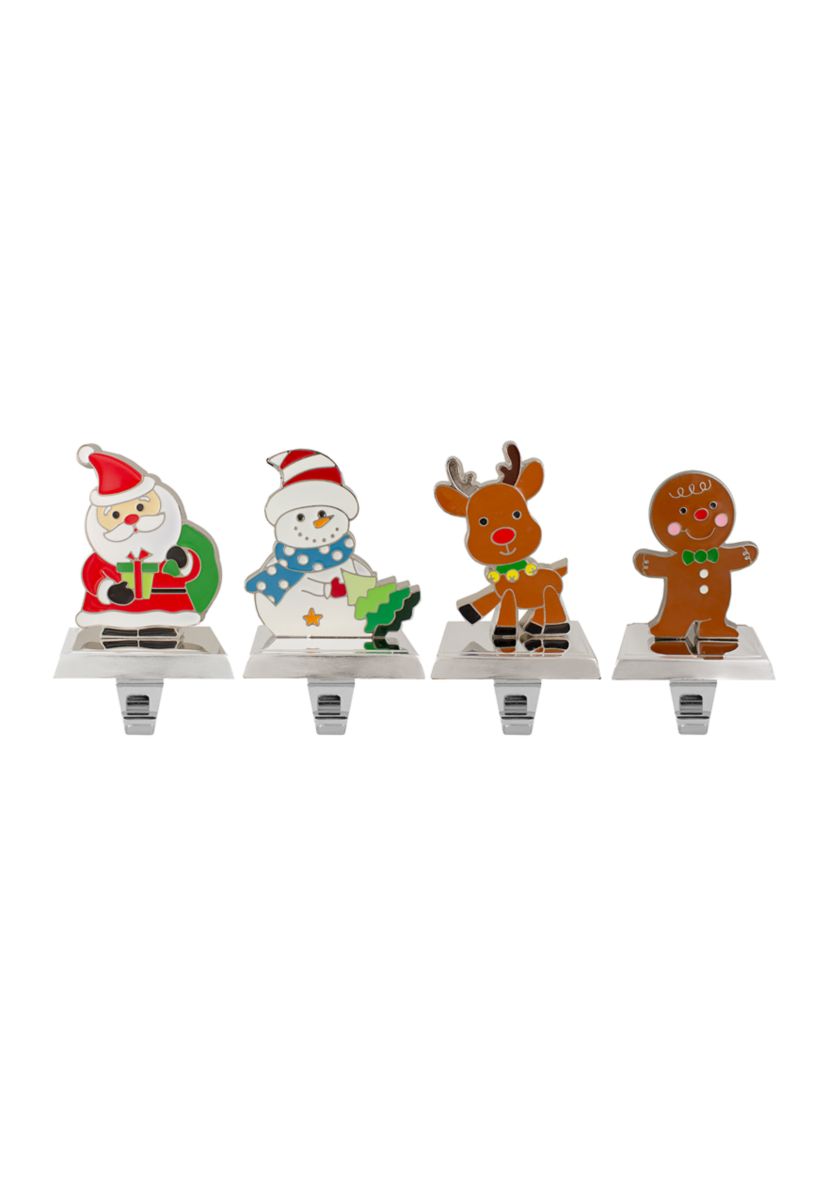 Set of 4 Christmas Figures Stocking Holders with Silver Base