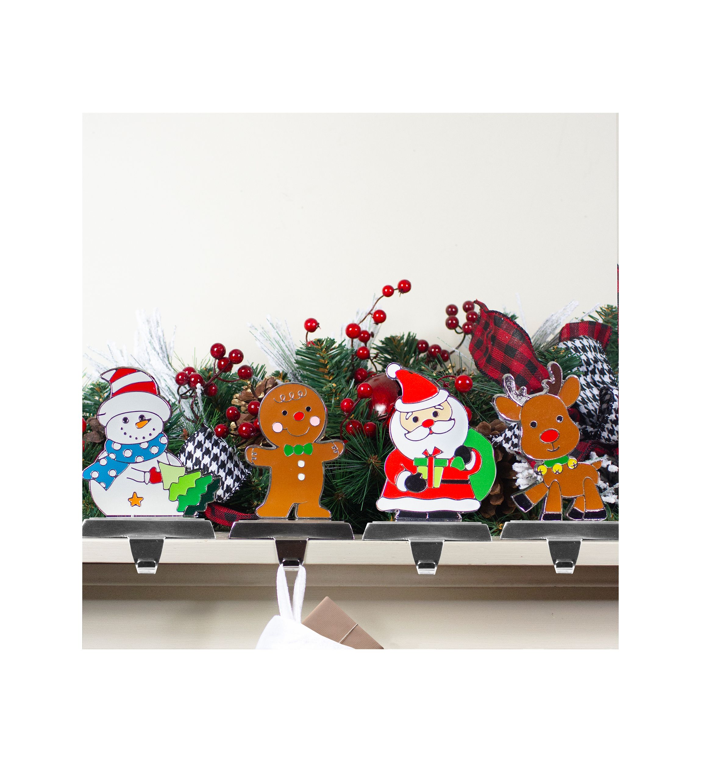Set of 4 Christmas Figures Stocking Holders with Silver Base