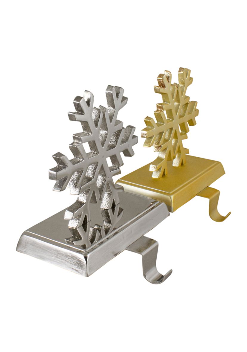 Set of 2 Gold and Silver Shiny Snowflake Christmas Stocking Holders