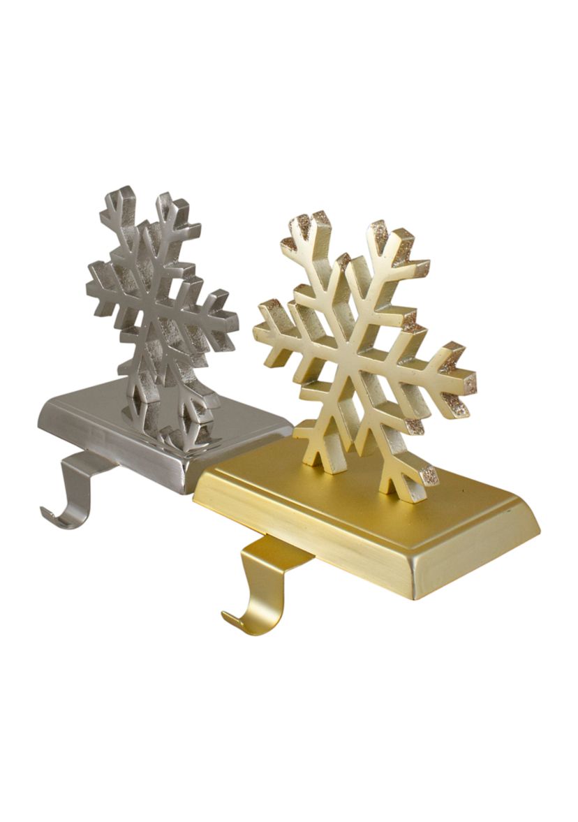 Set of 2 Gold and Silver Shiny Snowflake Christmas Stocking Holders