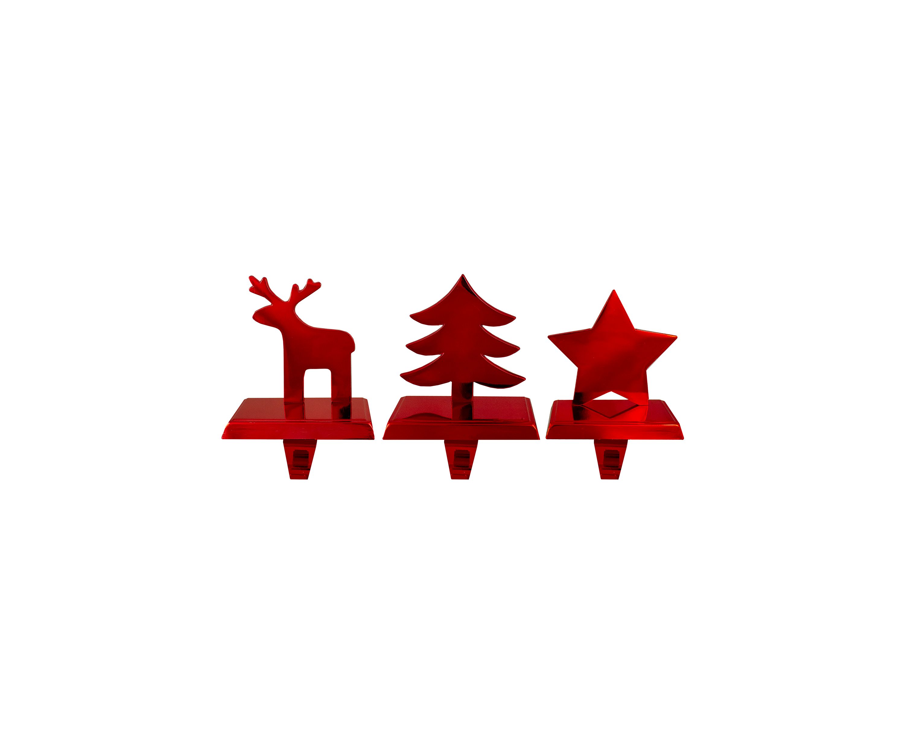 Reindeer  Christmas Tree  and Star Metallic Red Christmas Stocking Holders