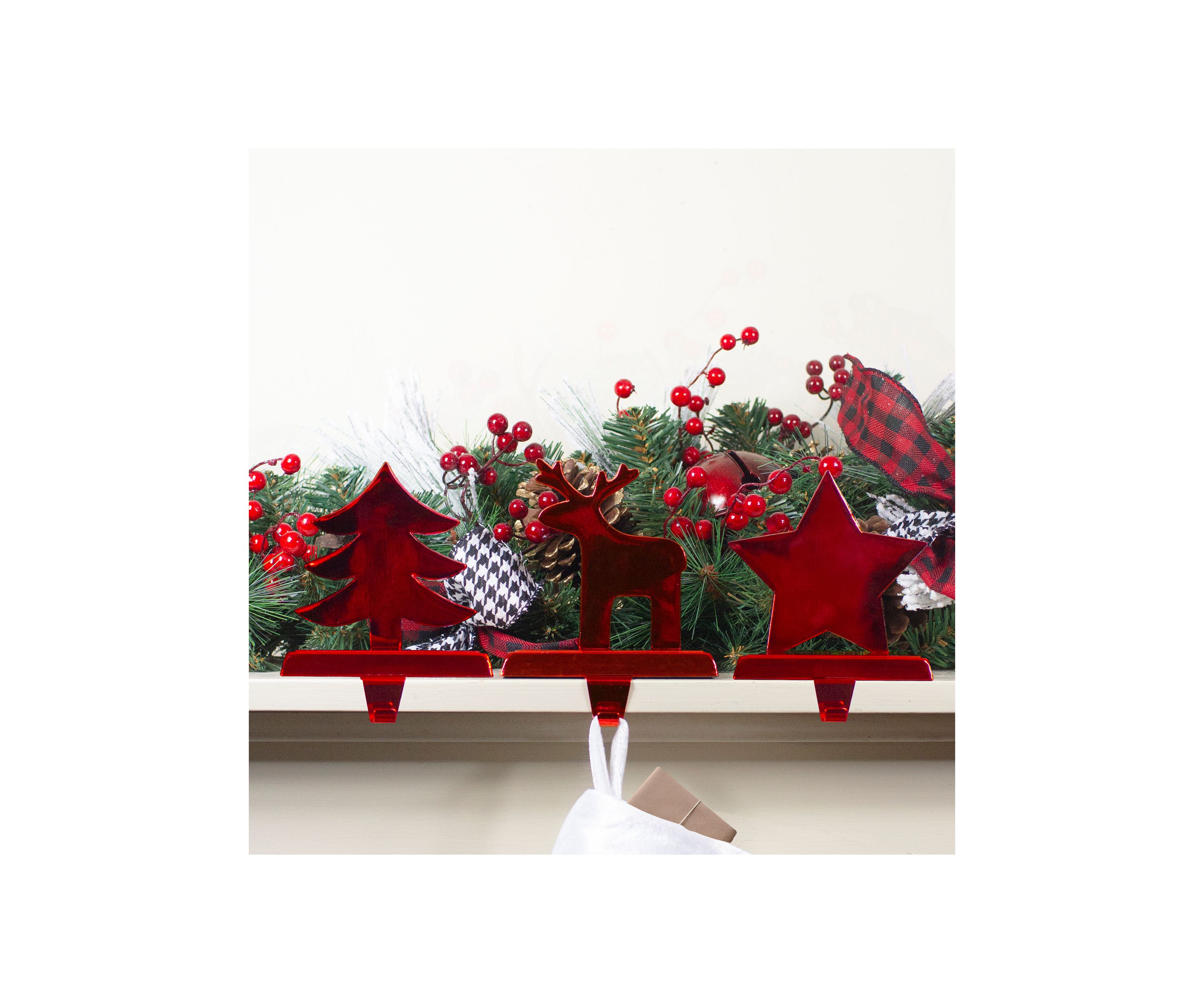 Reindeer  Christmas Tree  and Star Metallic Red Christmas Stocking Holders