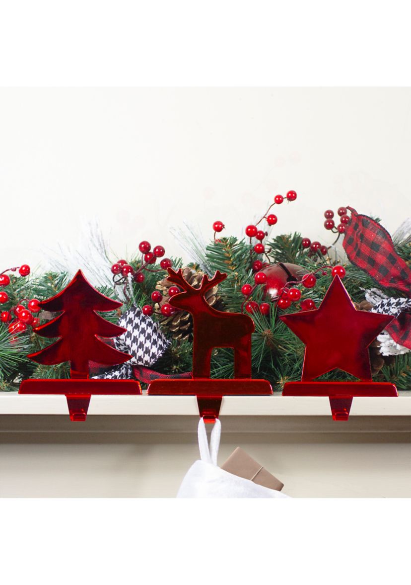 Reindeer  Christmas Tree  and Star Metallic Red Christmas Stocking Holders