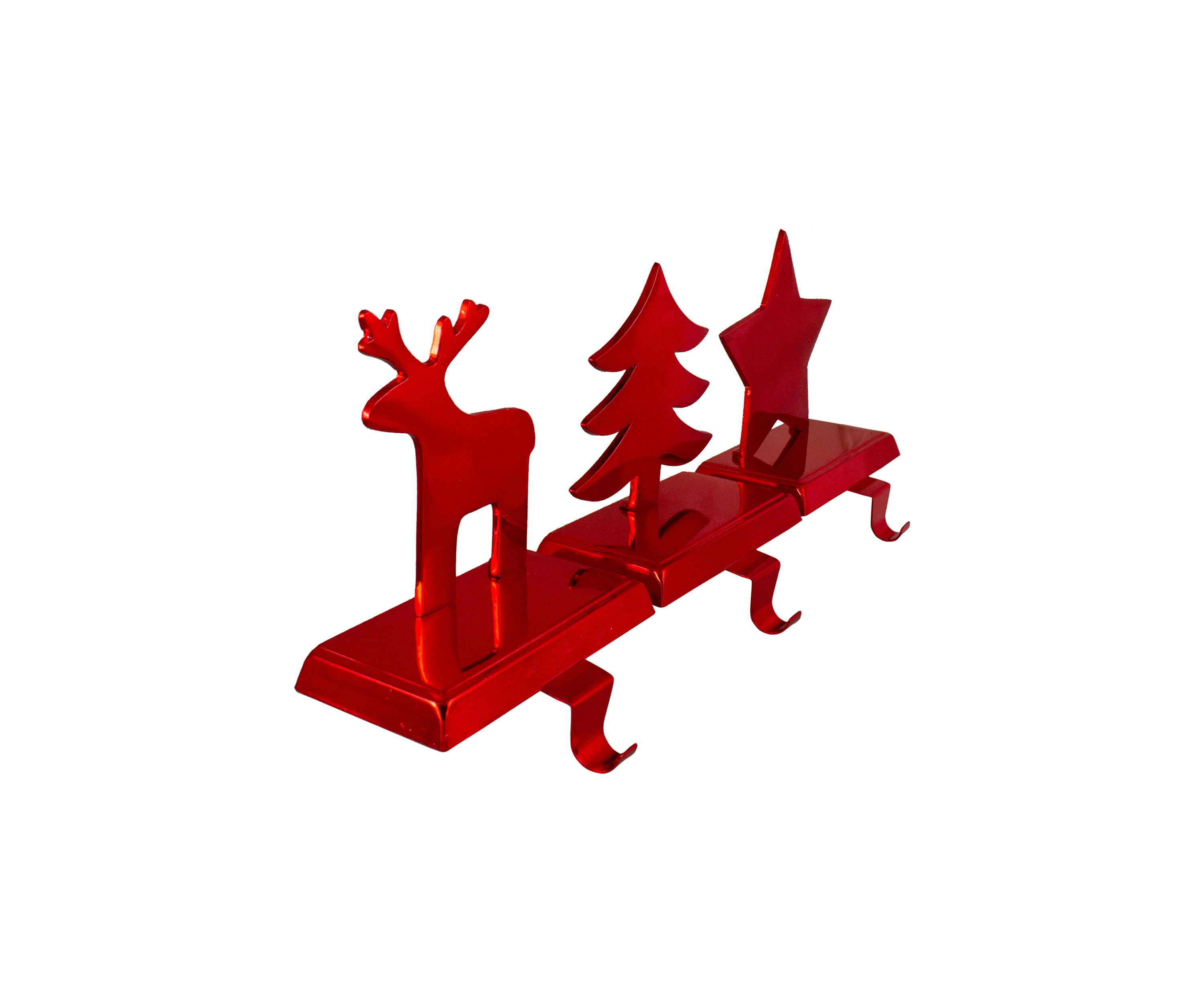 Reindeer  Christmas Tree  and Star Metallic Red Christmas Stocking Holders