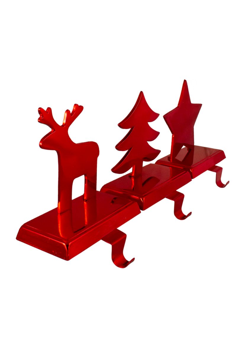 Reindeer  Christmas Tree  and Star Metallic Red Christmas Stocking Holders