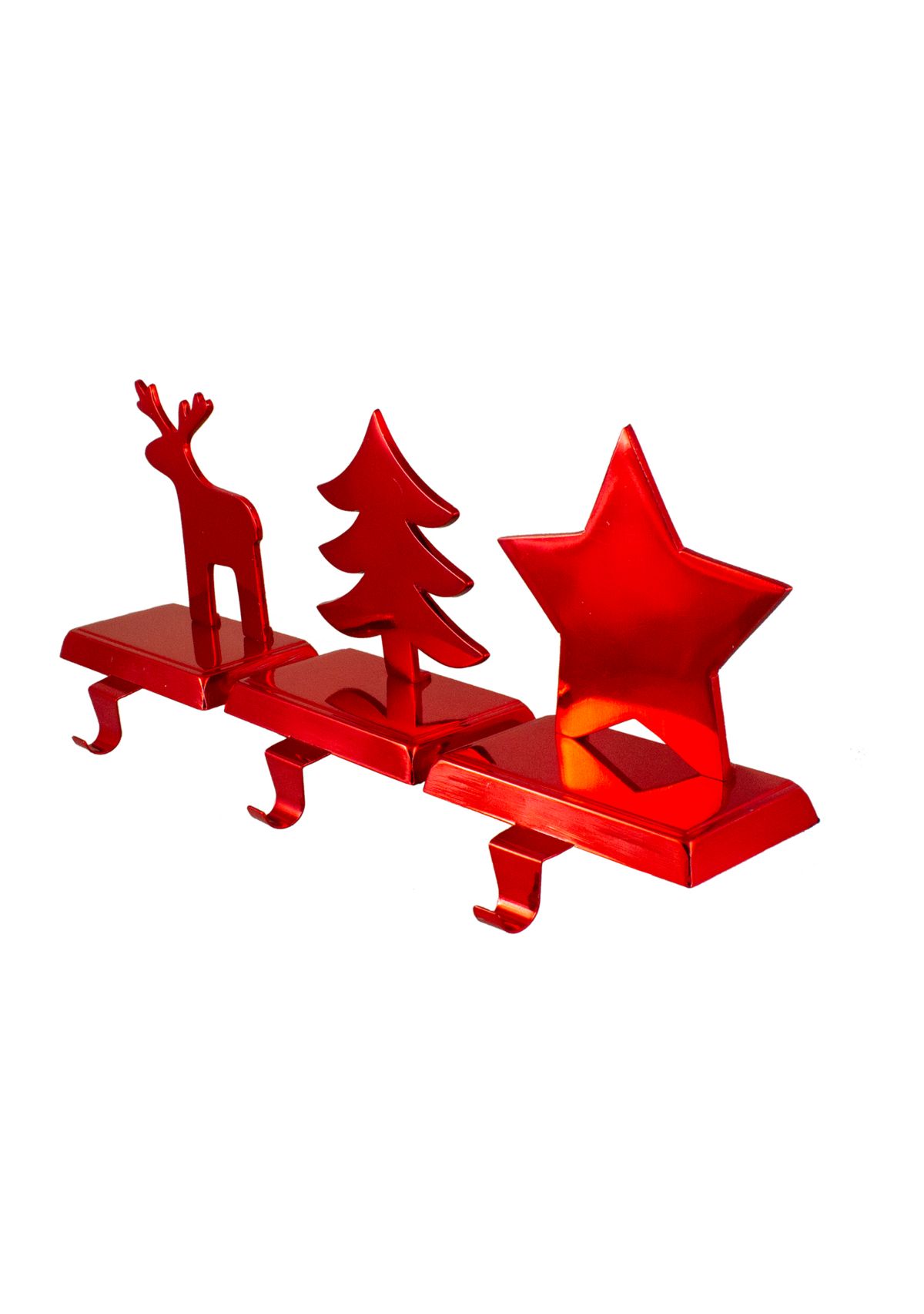 Reindeer  Christmas Tree  and Star Metallic Red Christmas Stocking Holders