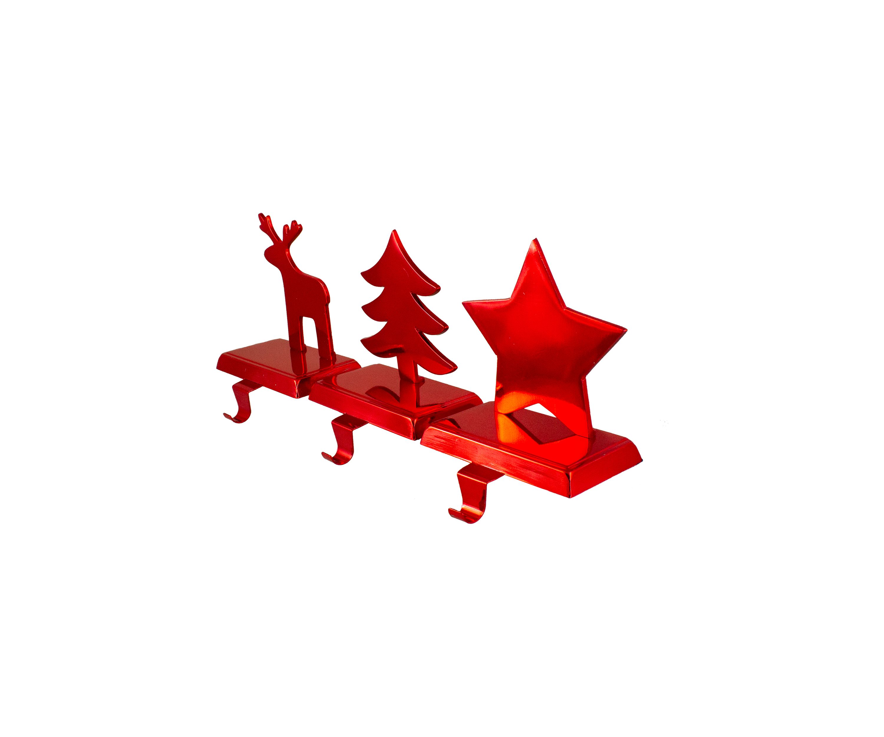 Reindeer  Christmas Tree  and Star Metallic Red Christmas Stocking Holders
