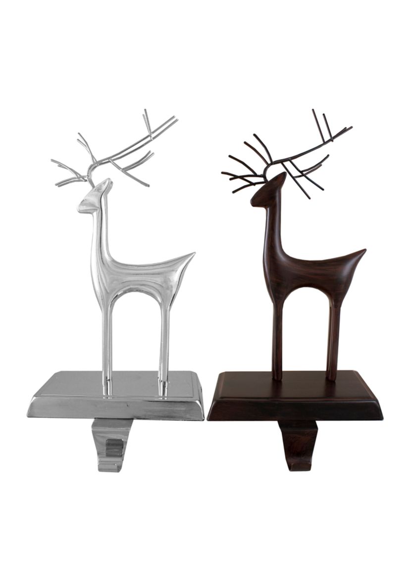 Set of 2 Oil Rubbed Bronze and Silver Reindeer Christmas Stocking Holders