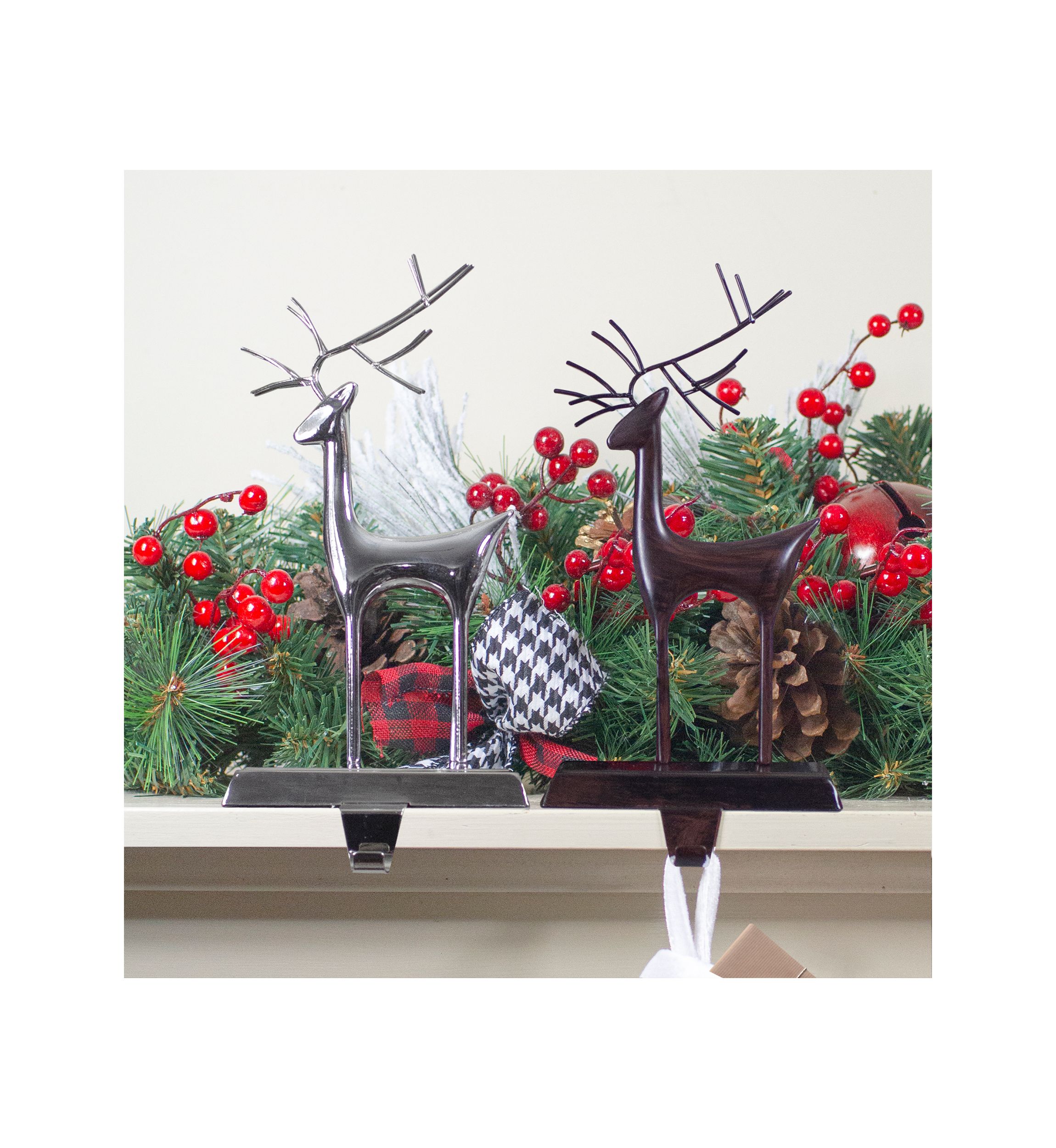 Set of 2 Oil Rubbed Bronze and Silver Reindeer Christmas Stocking Holders