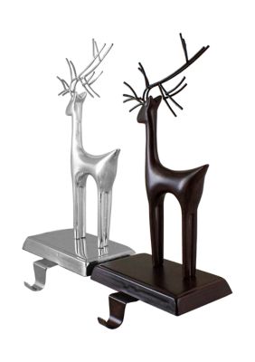 Set of 2 Oil Rubbed Bronze and Silver Reindeer Christmas Stocking Holders