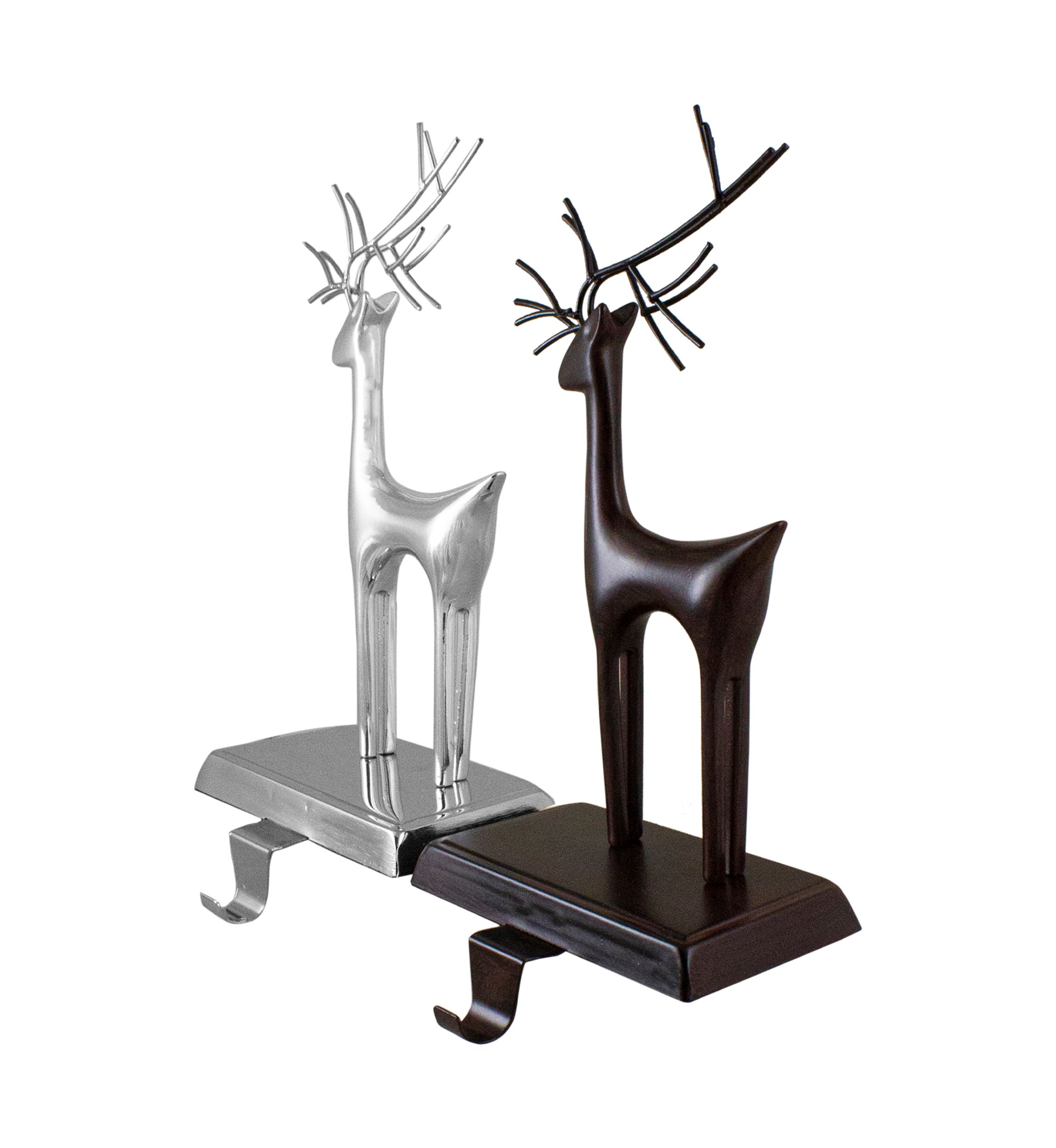 Set of 2 Oil Rubbed Bronze and Silver Reindeer Christmas Stocking Holders