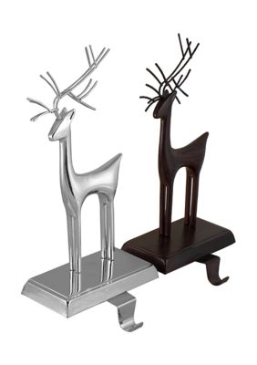 Set of 2 Oil Rubbed Bronze and Silver Reindeer Christmas Stocking Holders