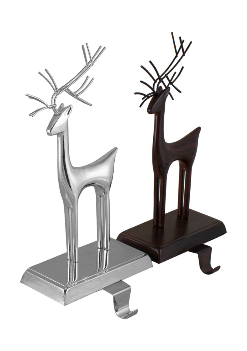 Set of 2 Oil Rubbed Bronze and Silver Reindeer Christmas Stocking Holders