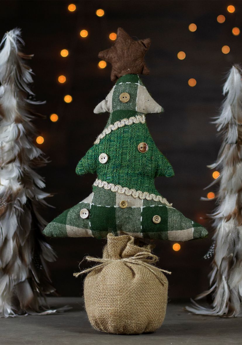 17.5-Inch Tan and Green Rustic Multi-Fabric Standing Christmas Tree Tabletop Decoration