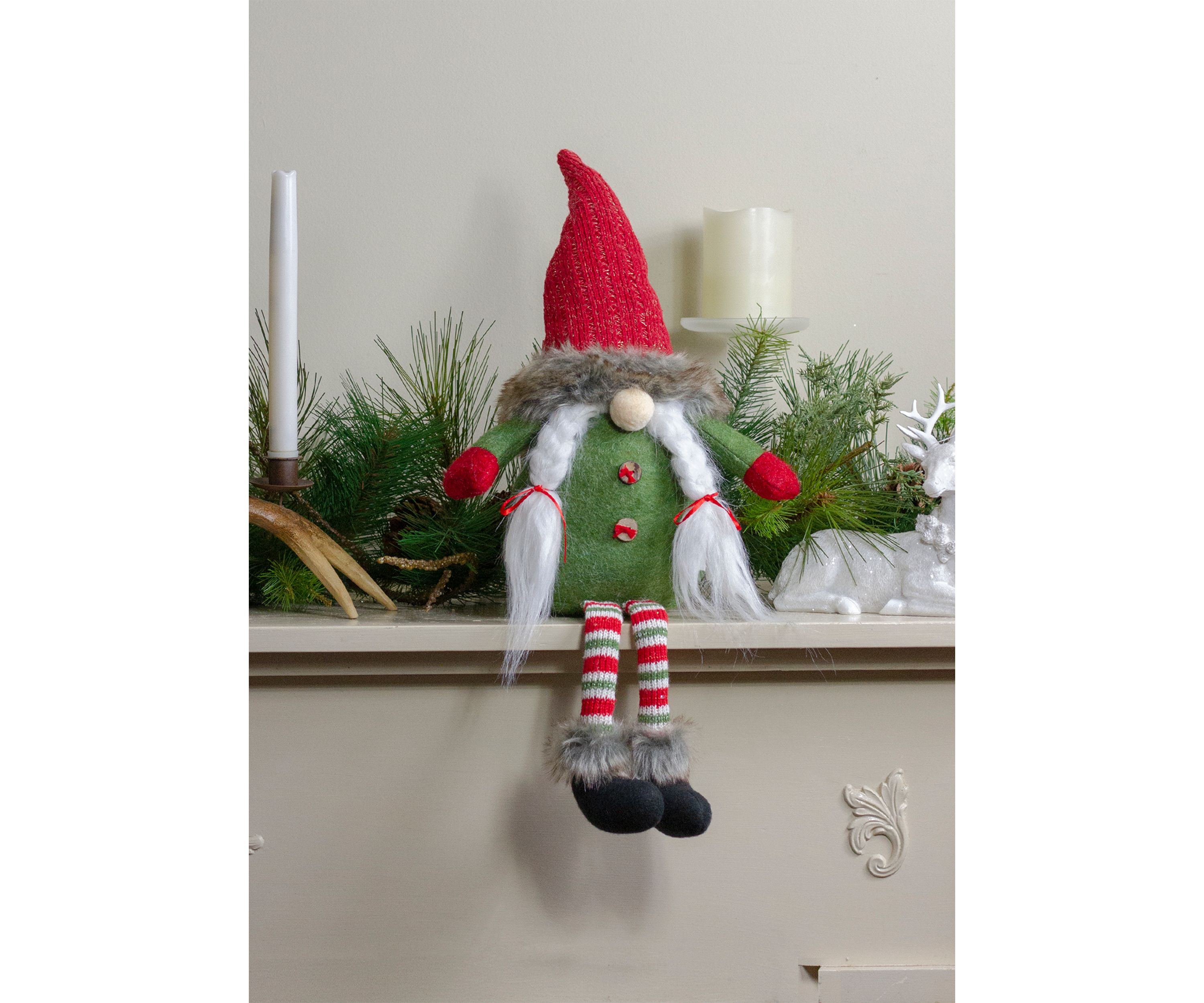25Inch Red  Green  and White Sitting Tabletop Female Gnome Christmas Decoration