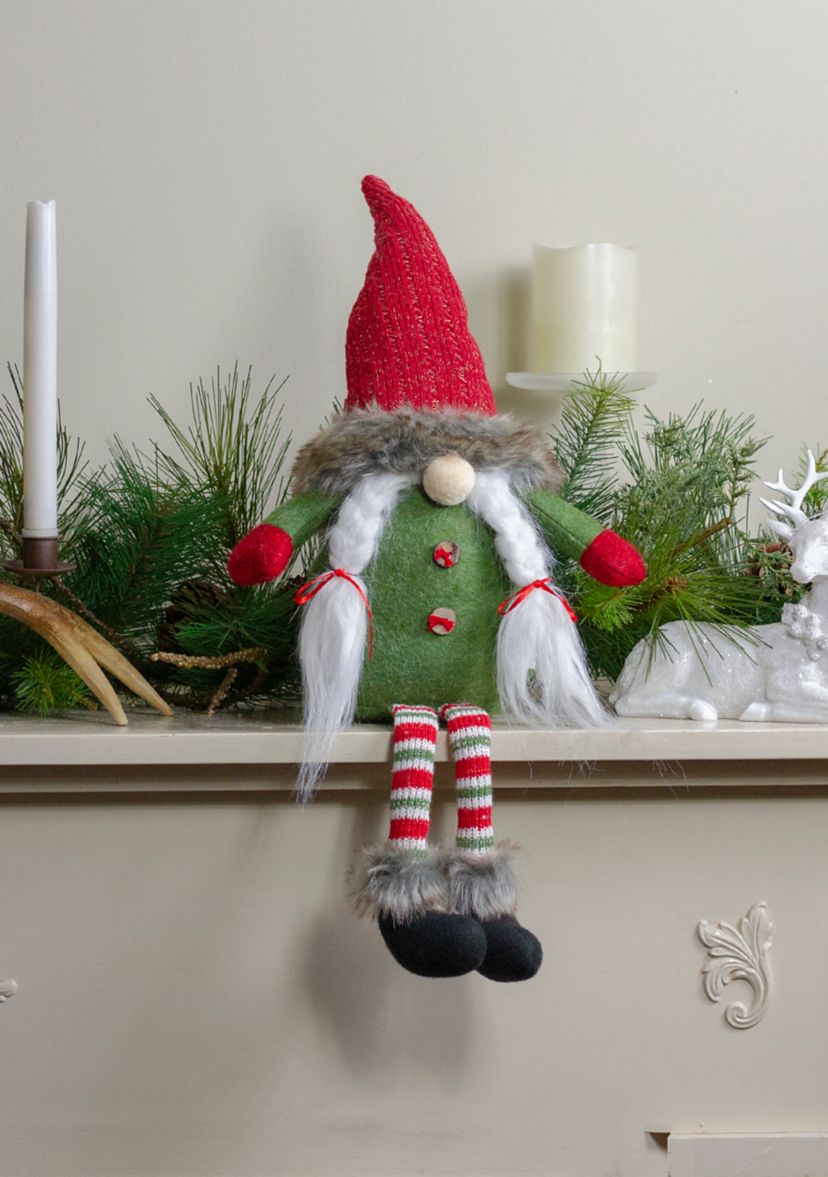 25Inch Red  Green  and White Sitting Tabletop Female Gnome Christmas Decoration