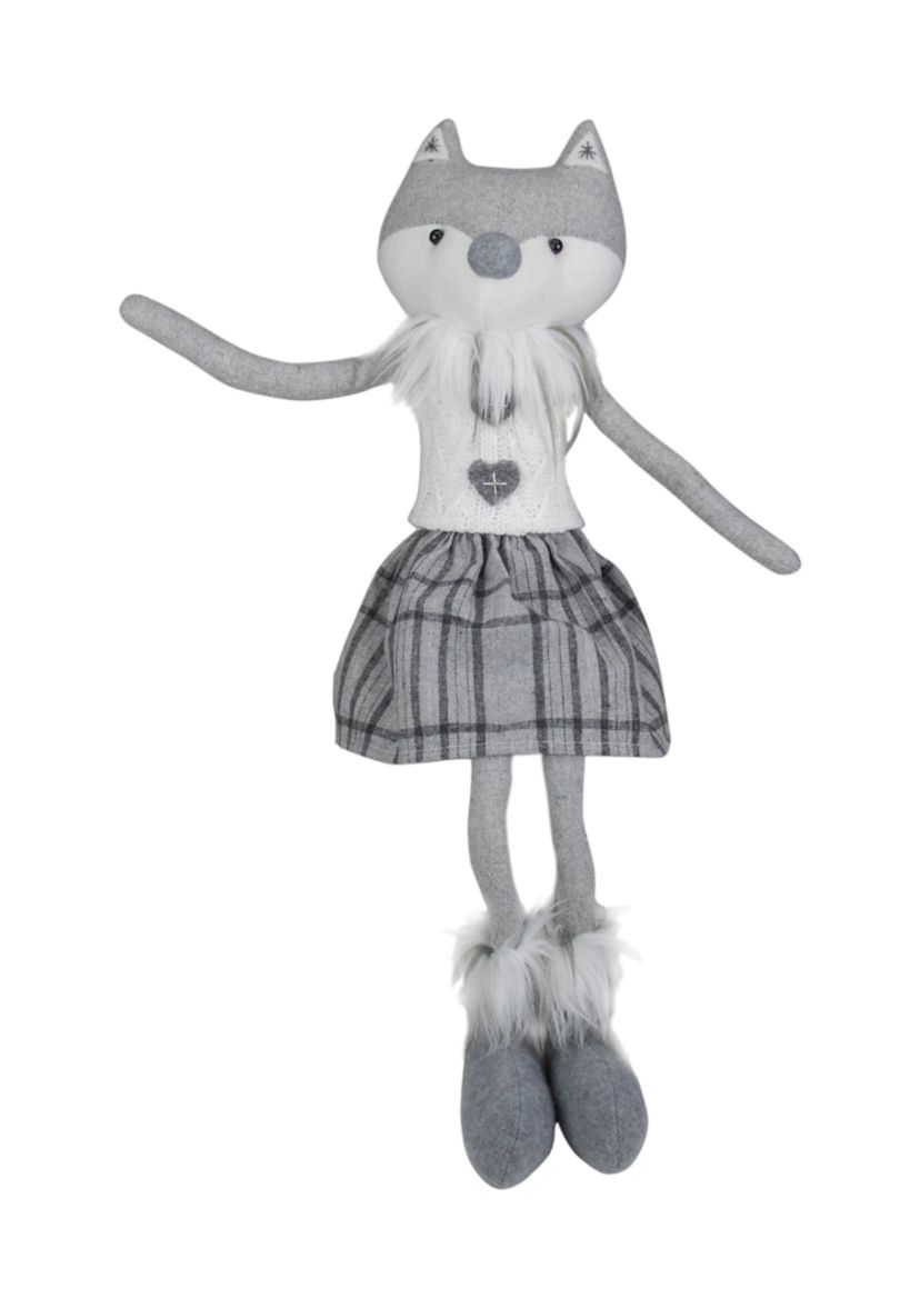 22Inch Gray and White Girl Fox Sitting Christmas Figure with Dangling Legs