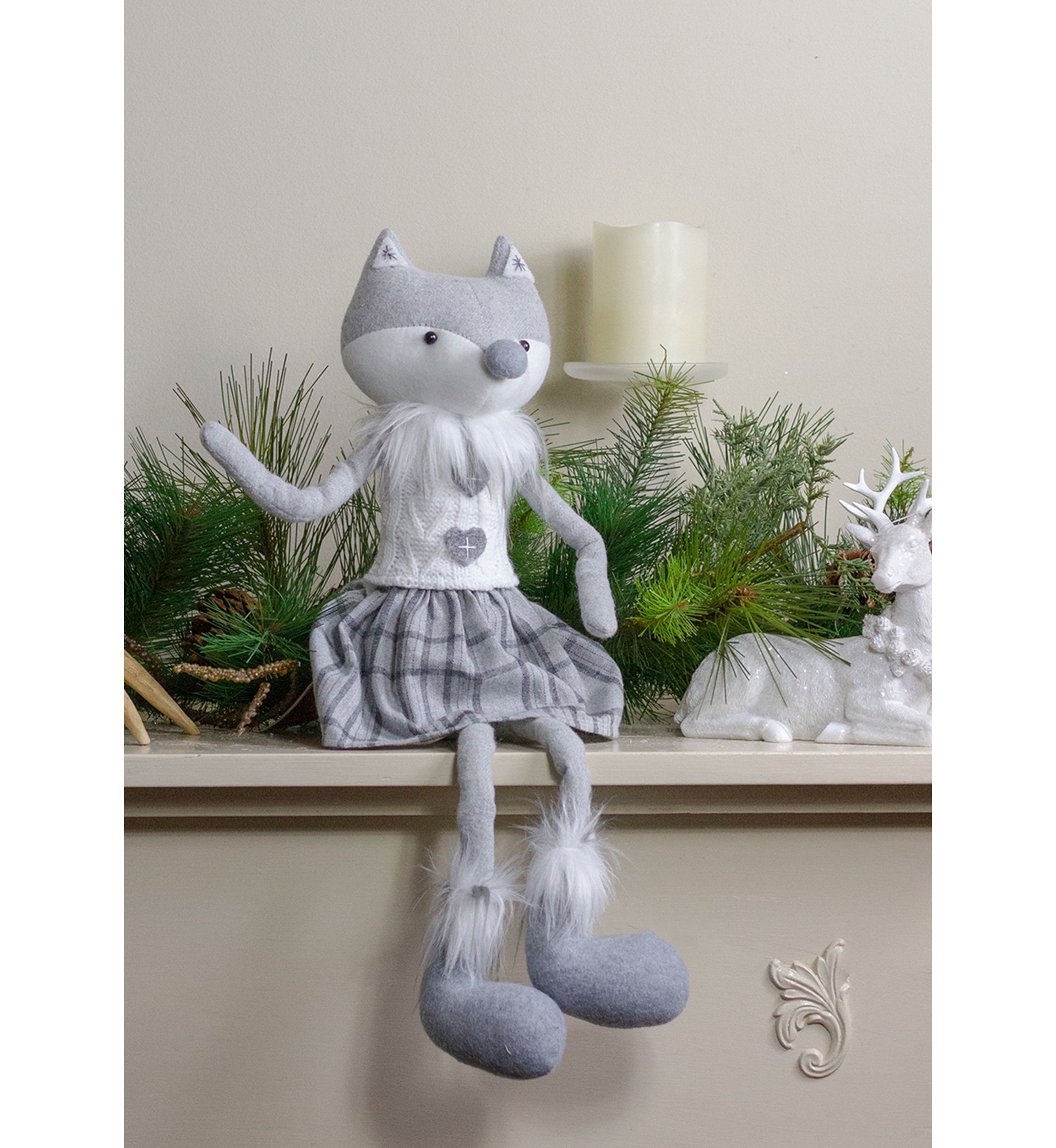 22Inch Gray and White Girl Fox Sitting Christmas Figure with Dangling Legs
