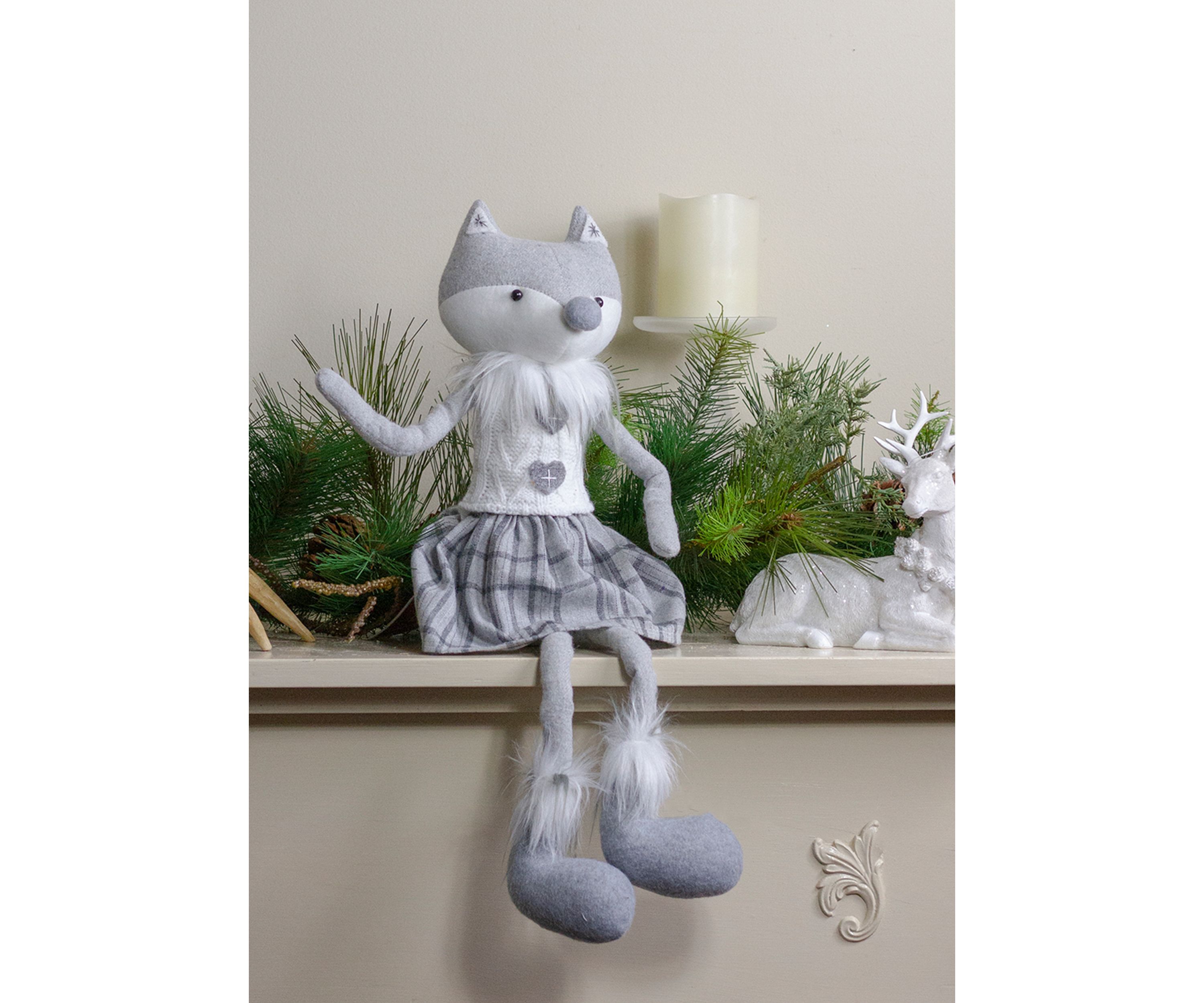 22Inch Gray and White Girl Fox Sitting Christmas Figure with Dangling Legs