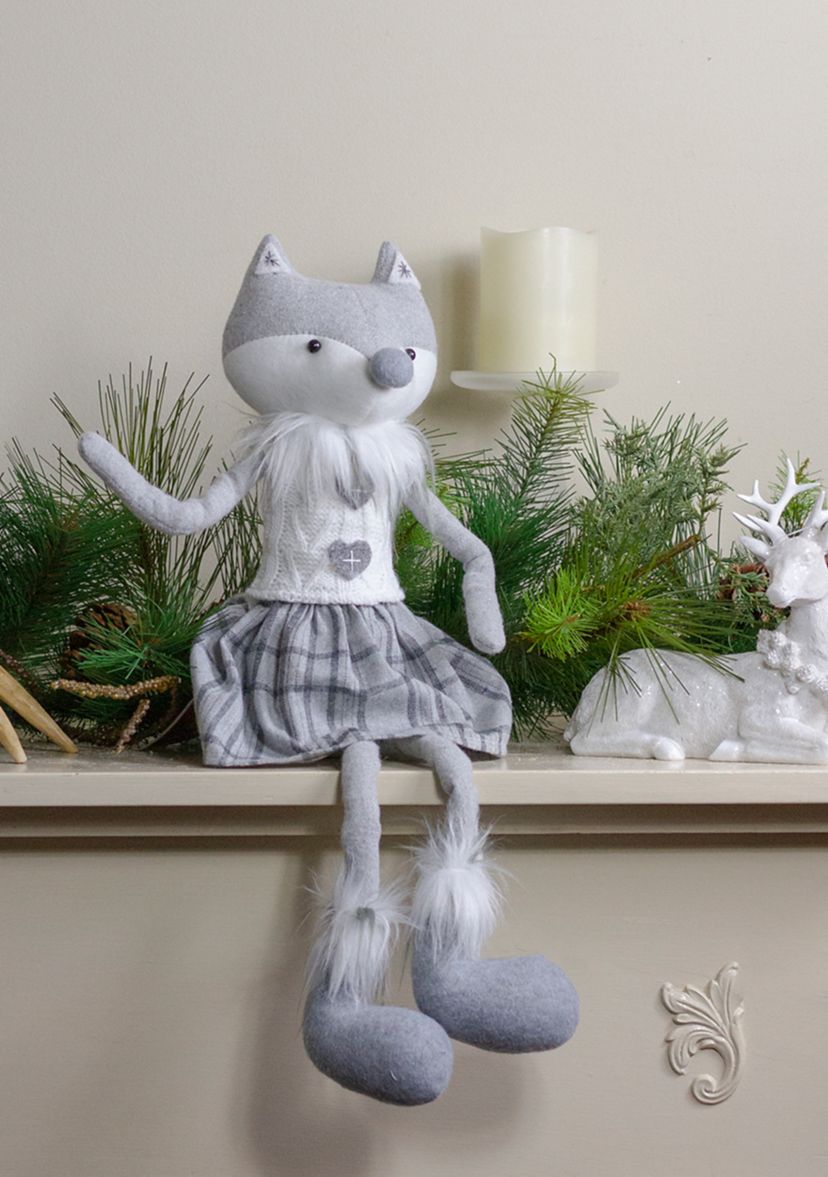 22Inch Gray and White Girl Fox Sitting Christmas Figure with Dangling Legs