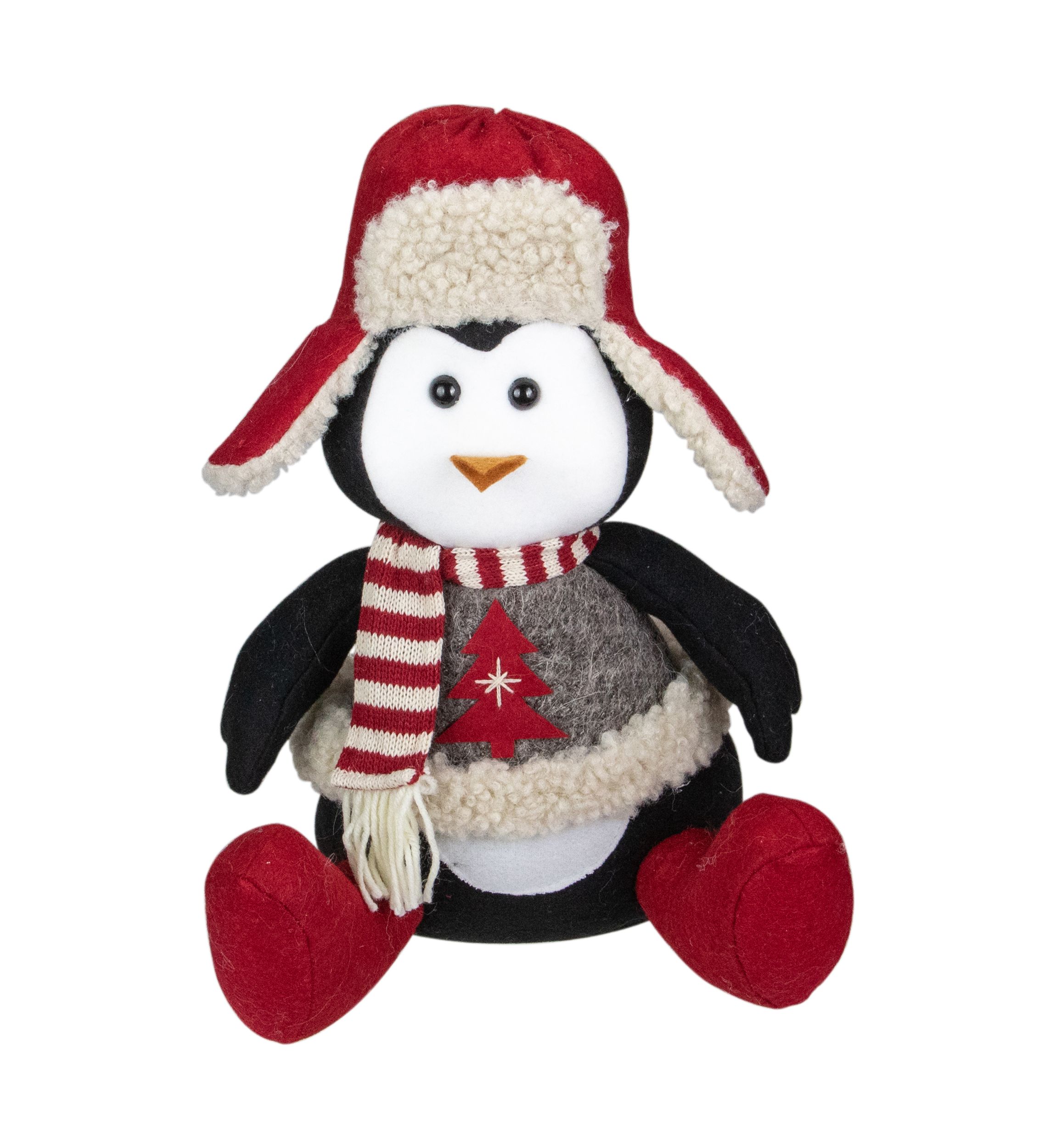 12Inch Red  White  and Gray Sitting Winter Penguin Christmas Tabletop Decoration