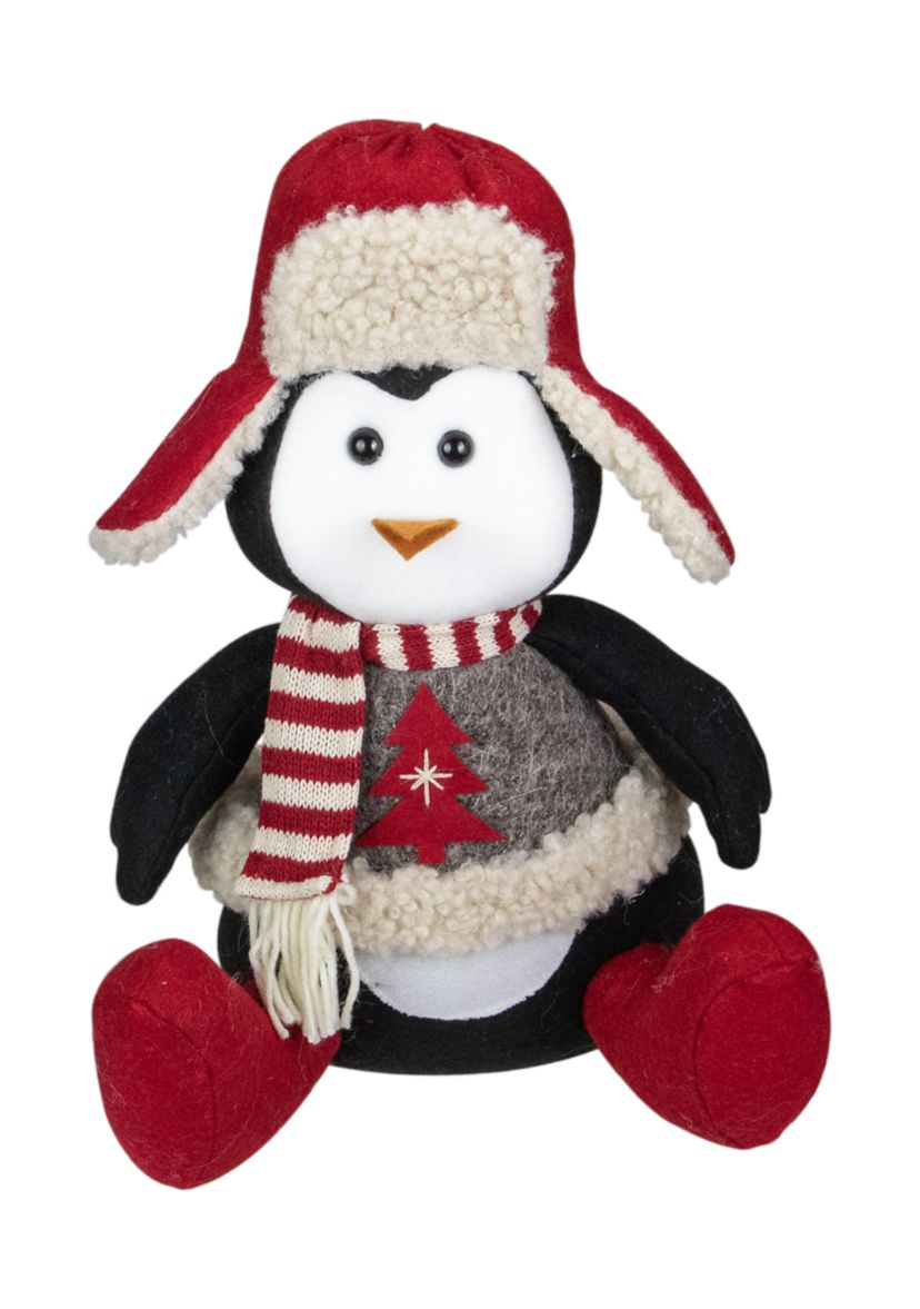 12Inch Red  White  and Gray Sitting Winter Penguin Christmas Tabletop Decoration