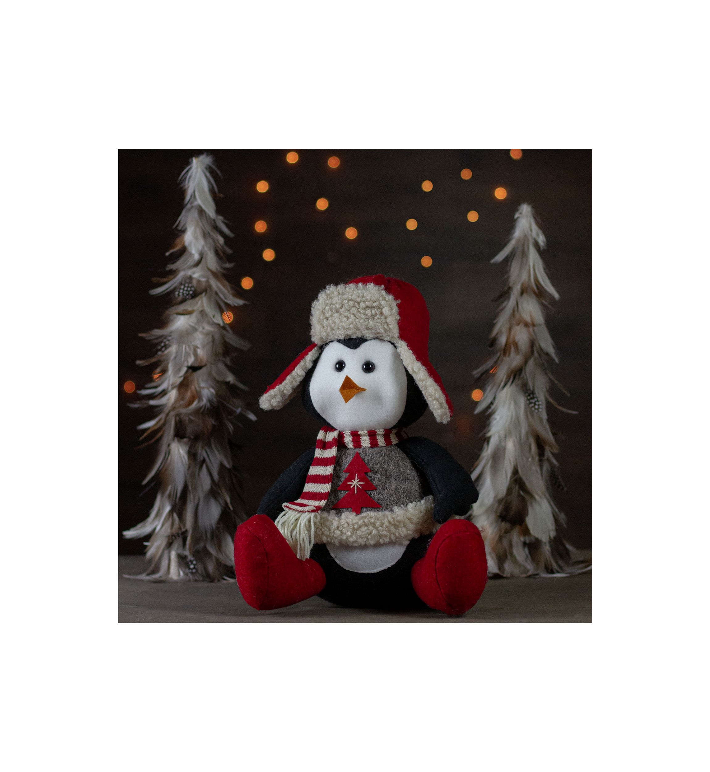 12Inch Red  White  and Gray Sitting Winter Penguin Christmas Tabletop Decoration