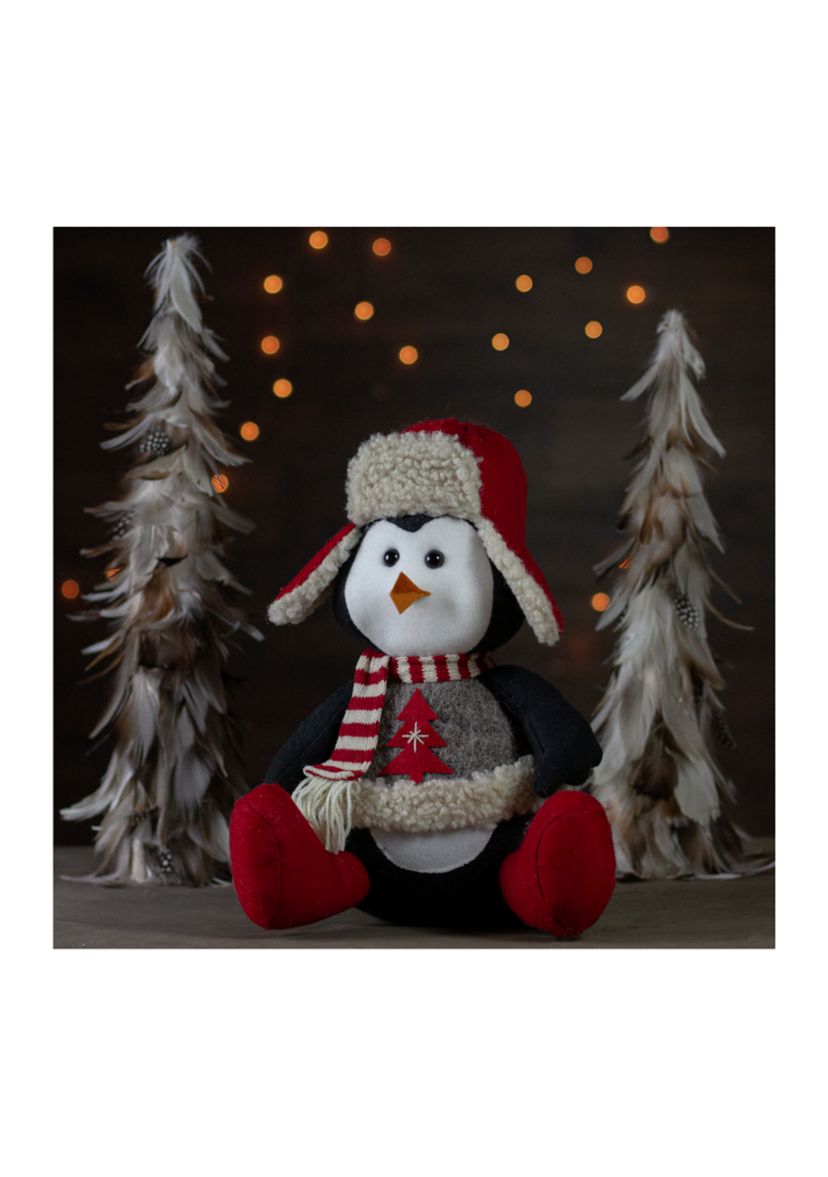 12Inch Red  White  and Gray Sitting Winter Penguin Christmas Tabletop Decoration