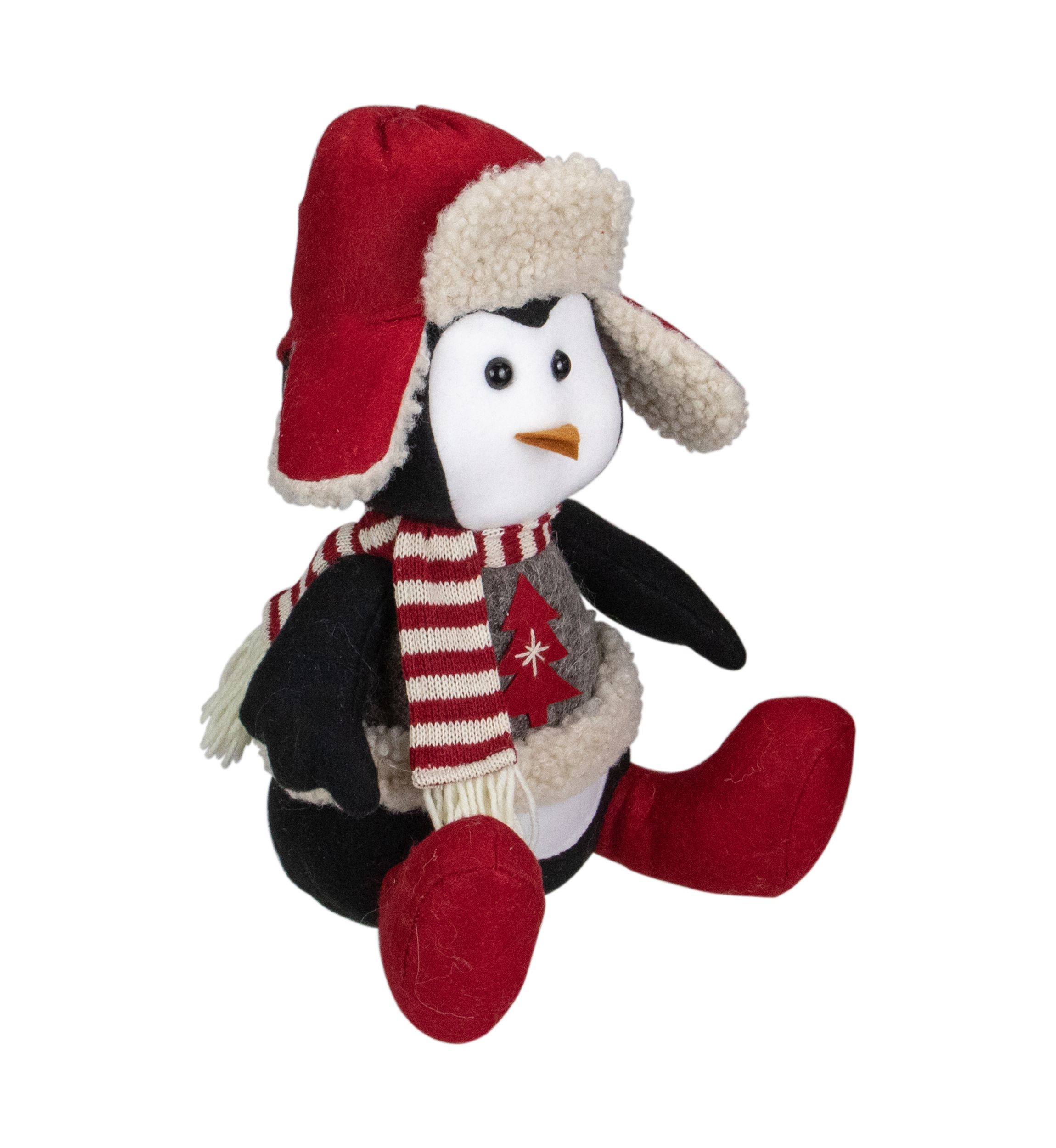 12Inch Red  White  and Gray Sitting Winter Penguin Christmas Tabletop Decoration