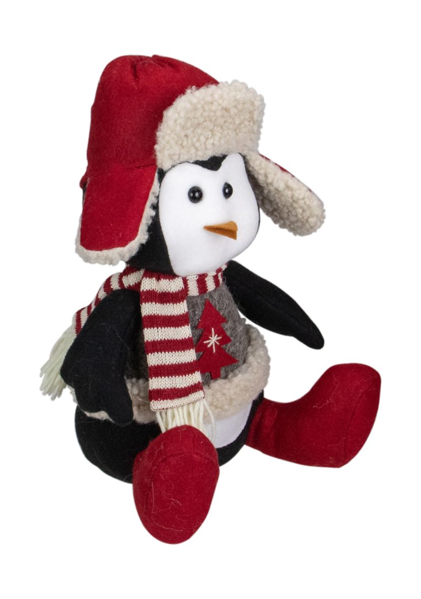 12Inch Red  White  and Gray Sitting Winter Penguin Christmas Tabletop Decoration