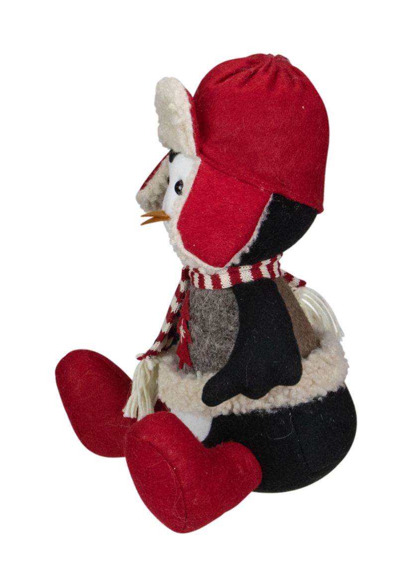 12Inch Red  White  and Gray Sitting Winter Penguin Christmas Tabletop Decoration