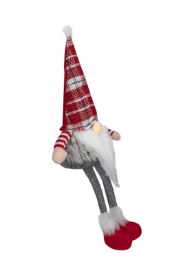 22-Inch Red  Gray  and White Plaid Sitting Tabletop Gnome Christmas Decoration