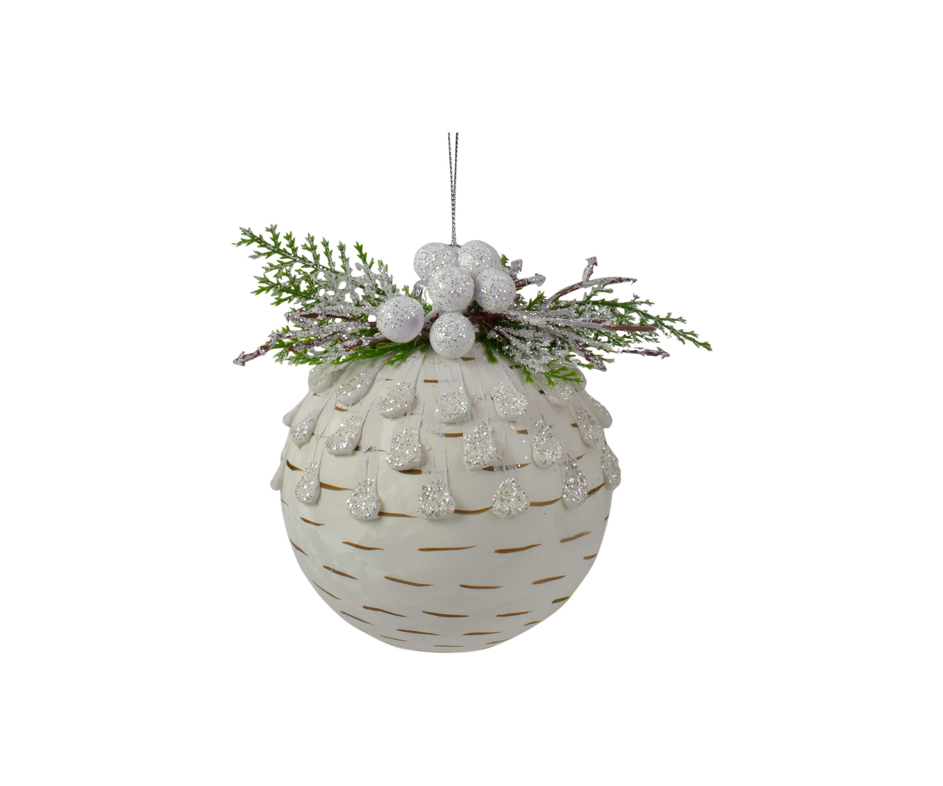 4Inch Cedar and Berries White Glass Christmas Ornament
