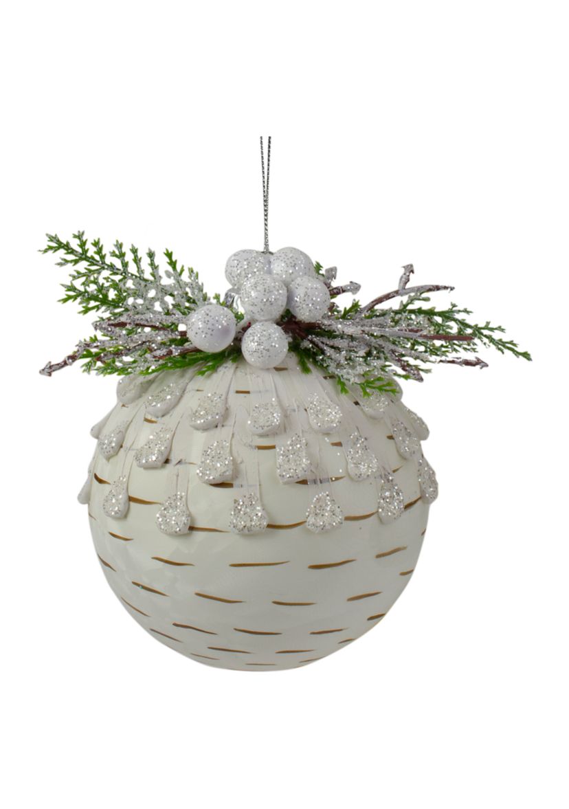 4Inch Cedar and Berries White Glass Christmas Ornament