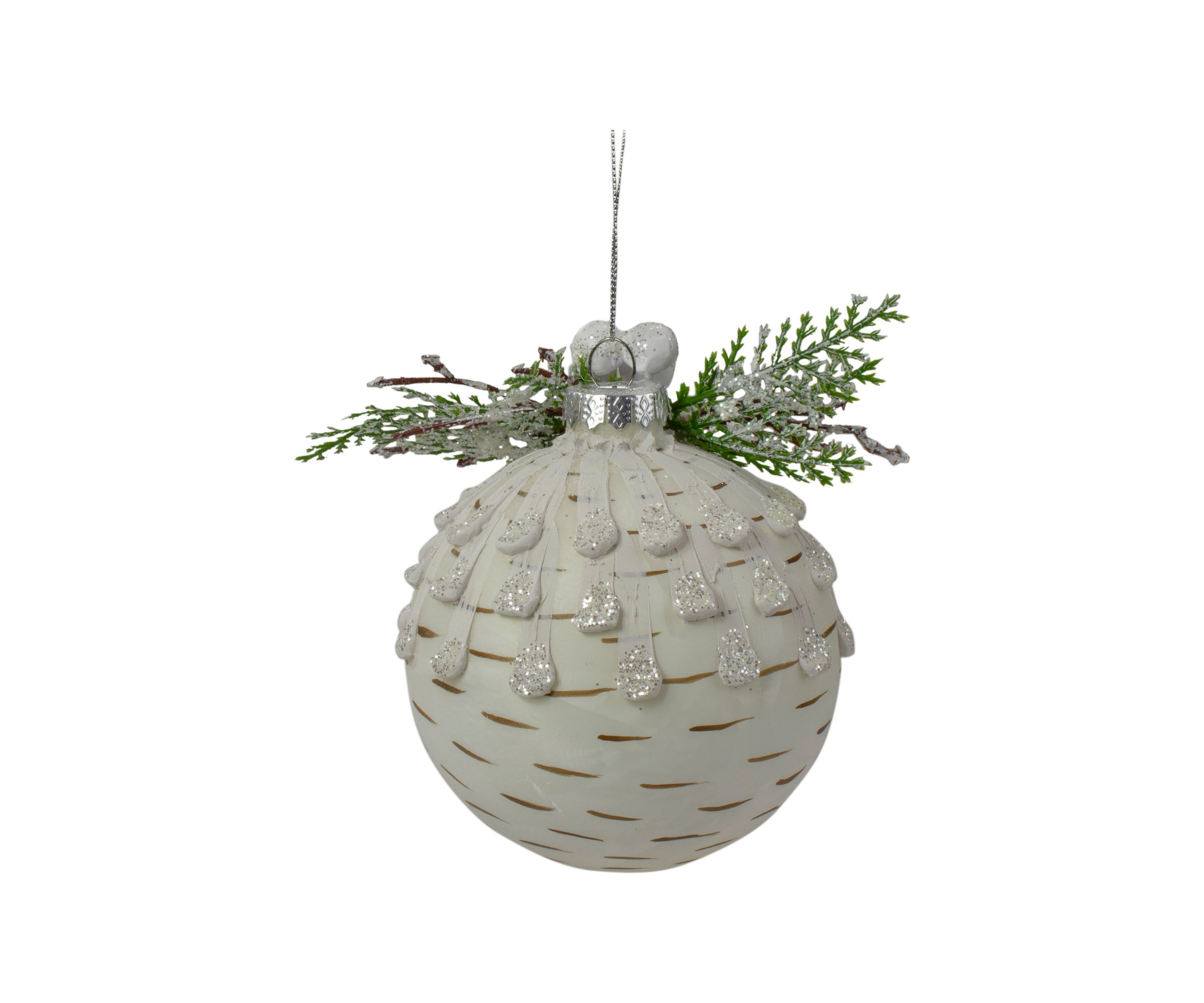 4Inch Cedar and Berries White Glass Christmas Ornament