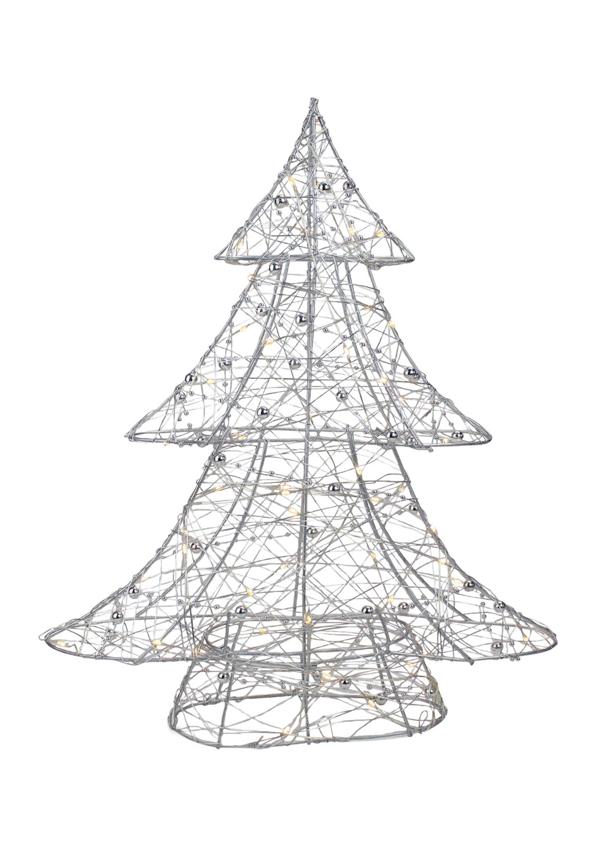 15.25Inch LED Lighted B/O Silver Wire and Bead Christmas Tree - Warm White Lights