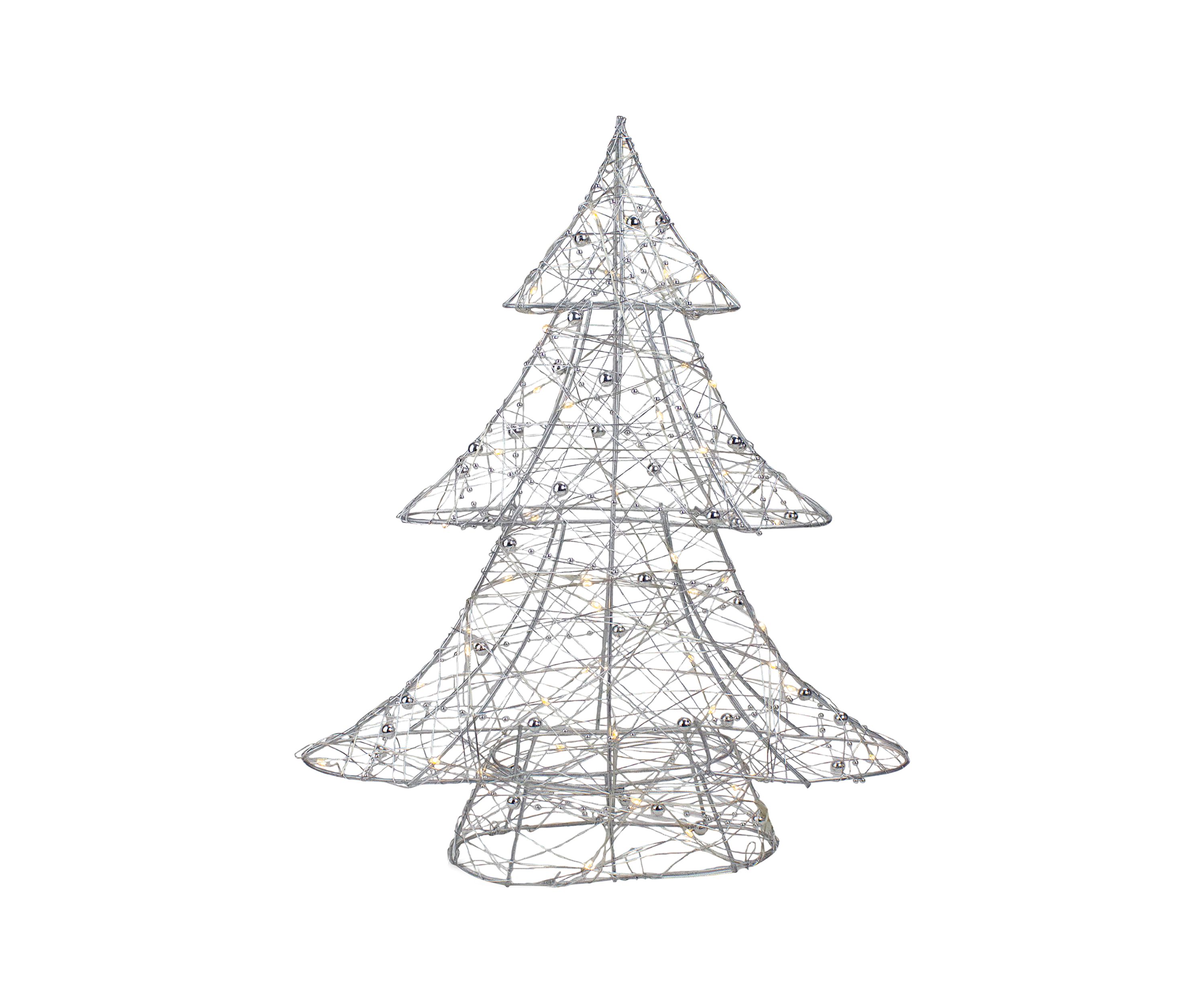 15.25Inch LED Lighted B/O Silver Wire and Bead Christmas Tree - Warm White Lights