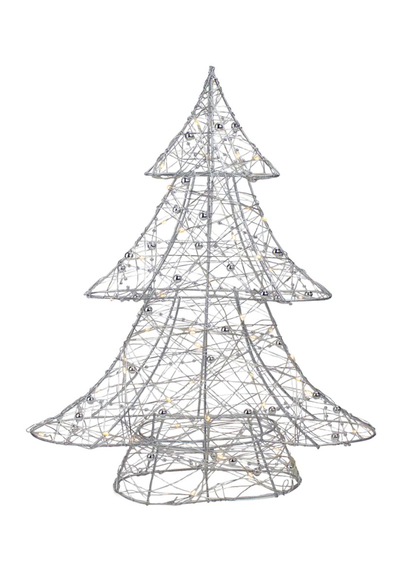 15.25Inch LED Lighted B/O Silver Wire and Bead Christmas Tree - Warm White Lights