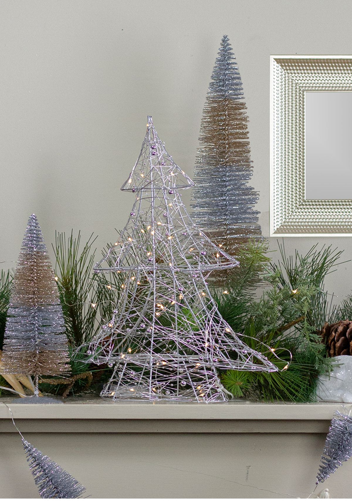 15.25Inch LED Lighted B/O Silver Wire and Bead Christmas Tree - Warm White Lights