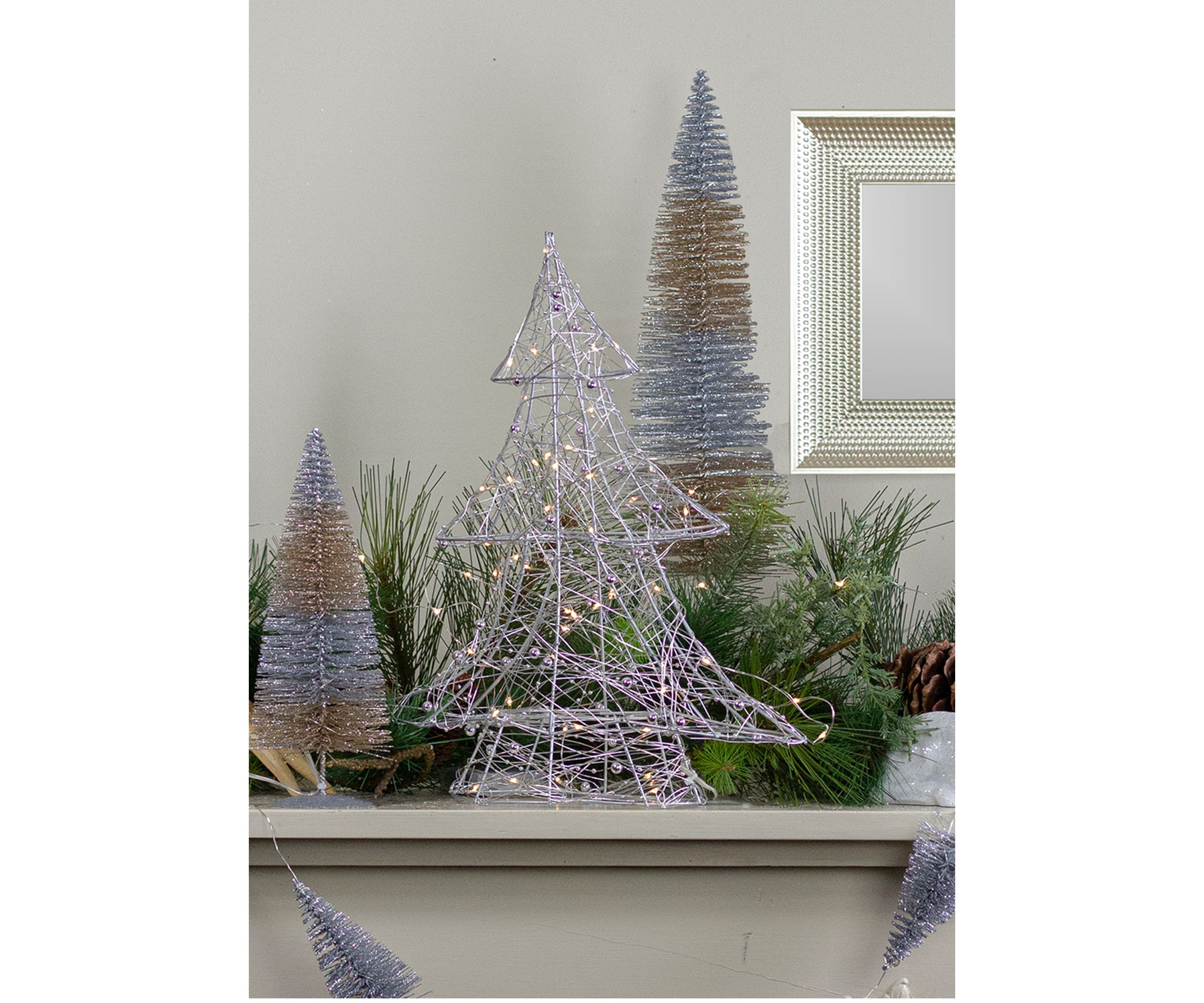 15.25Inch LED Lighted B/O Silver Wire and Bead Christmas Tree - Warm White Lights