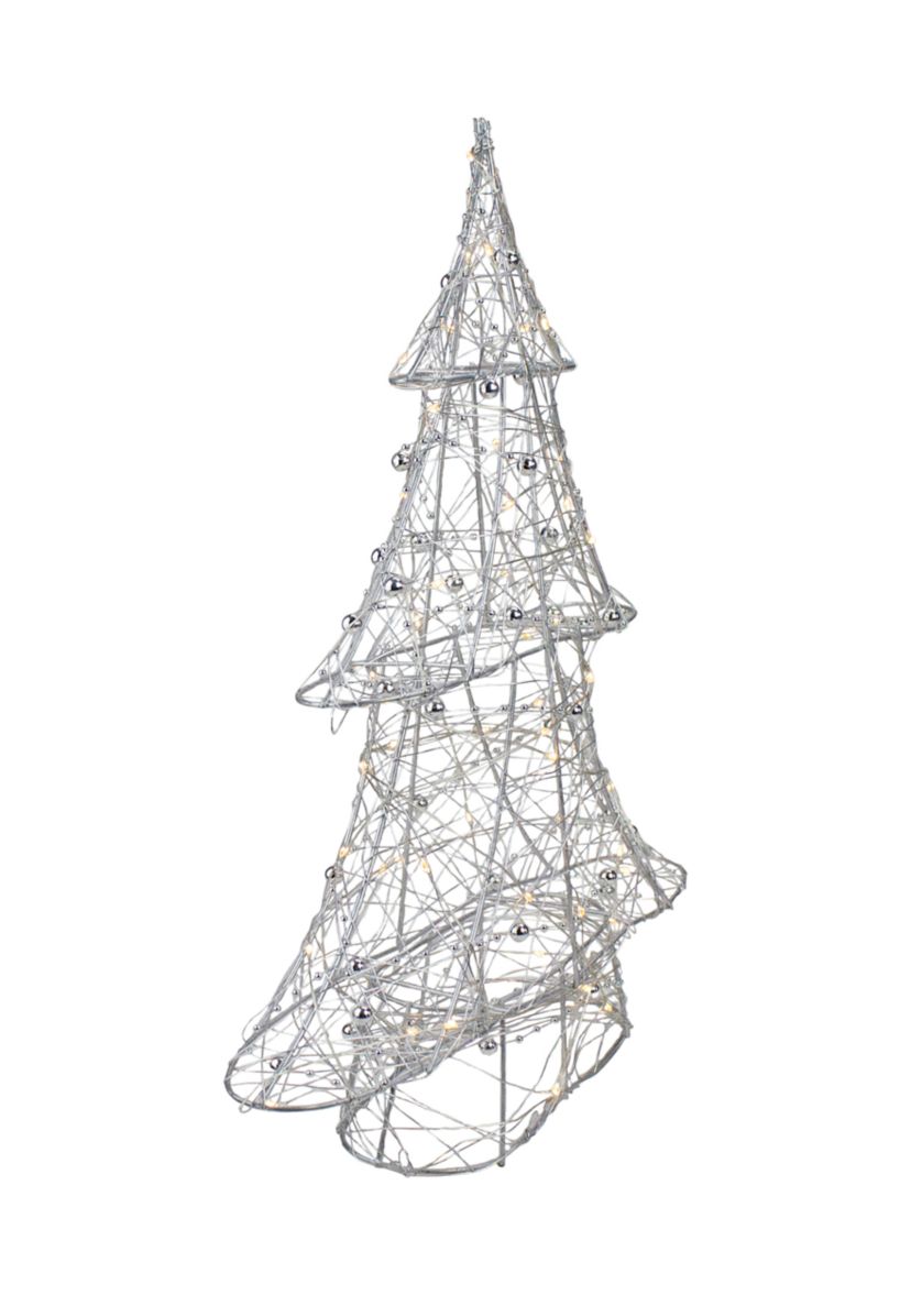 15.25Inch LED Lighted B/O Silver Wire and Bead Christmas Tree - Warm White Lights