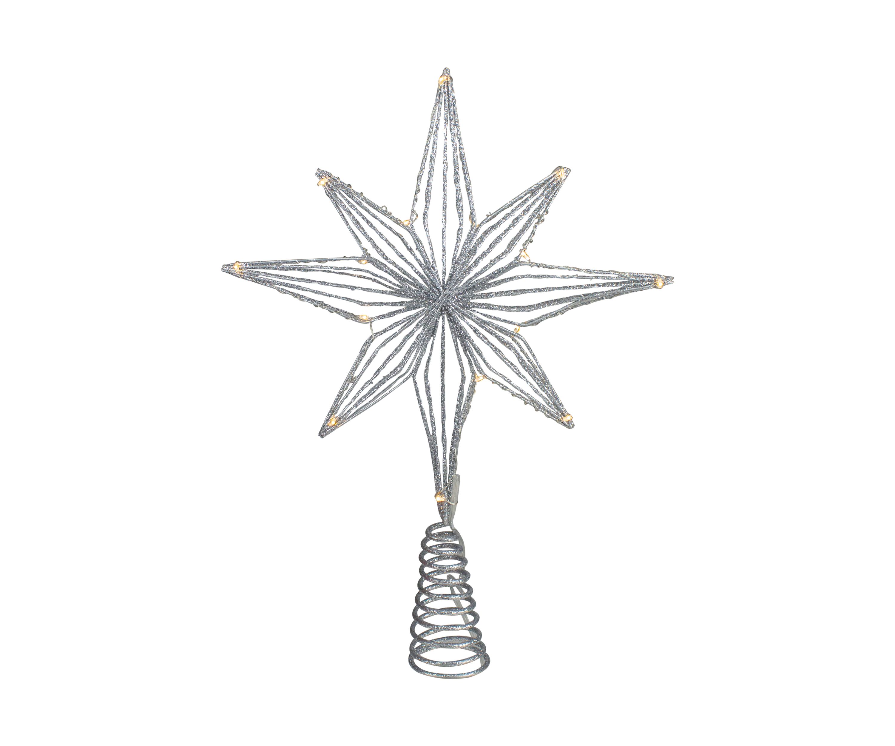 13.75Inch LED Lighted B/O Silver Glittered Geometric Star Christmas Tree Topper - Warm White Lights